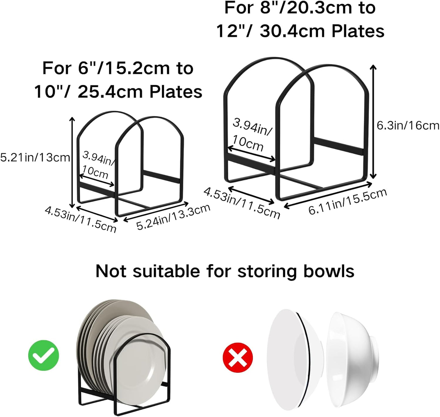 LINFIDITE 2 Pack Kitchen Plate Holder Organizer for Cabinet Space Saver Dinner Plate Storage Rack Upright Dish Drying Racks Metal Dish Stand for Cupboard Countertop Rustproof Black (1 Large 1 Small)
