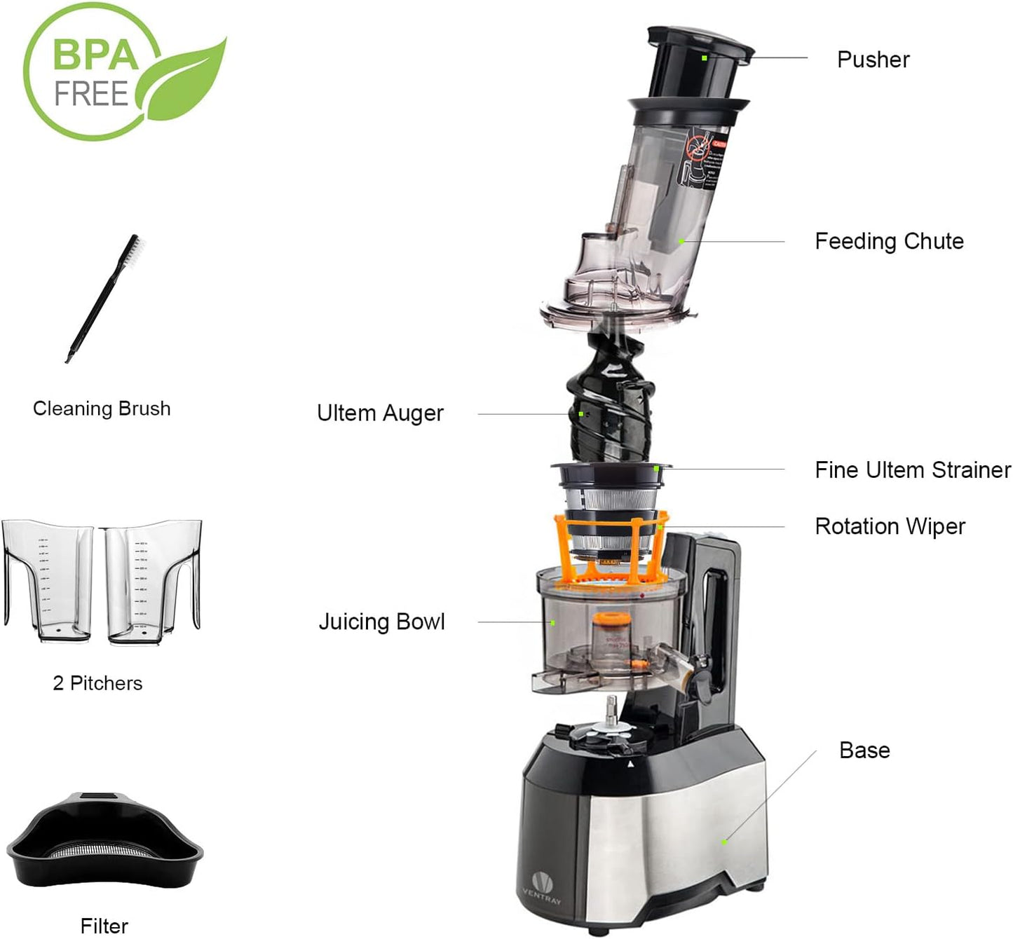 Ventray Cold Press Juicer, 3'' Wide Feed Chute Slow Masticating Juicer Machine for Whole Fruits & Vegetables, 240W Powerful Motor, Easy to Clean, High Juice Yield, BPA Free