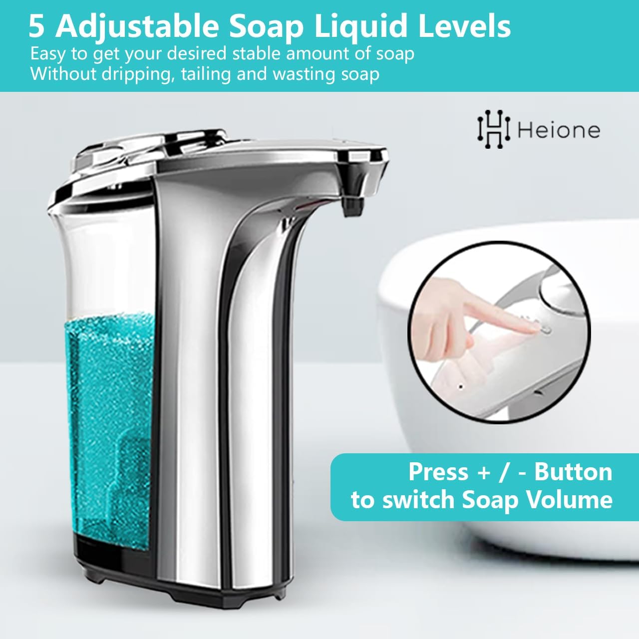 Automatic Soap Dispenser, Touchless, 17oz / 500L, Infrared Motion Sensor, 5 Adjustable Liquid Levels, Large Capacity, Suitable for Hands, Bathroom, Sinks, Office, Kitchen, Wall Mount or Countertop.