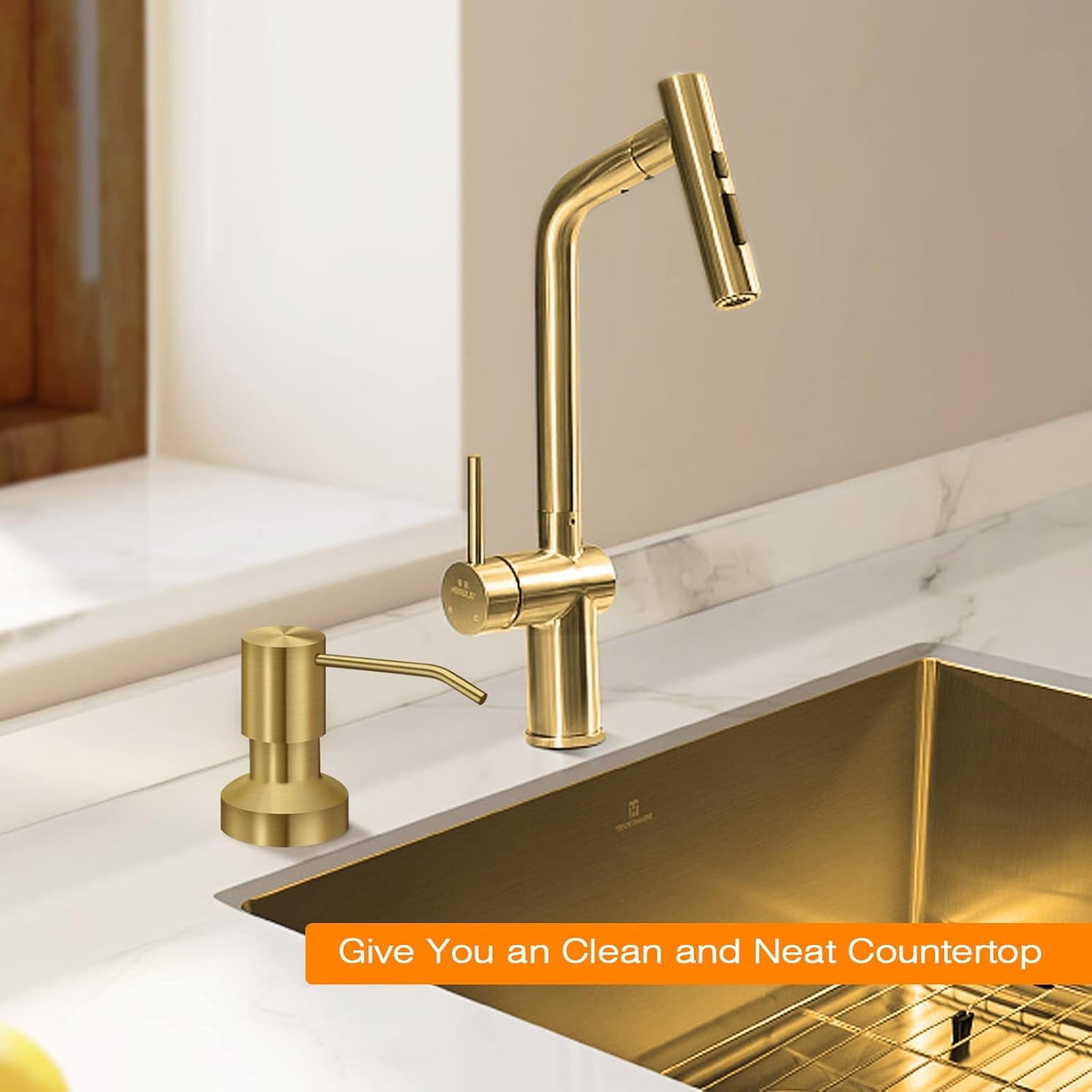 Sink Soap Dispenser for Kitchen Sink, Countertop Built in Sink Soap Dispenser with 47”Extension Tube kit, No Need to Fill The Little Bottle Again (Golden)