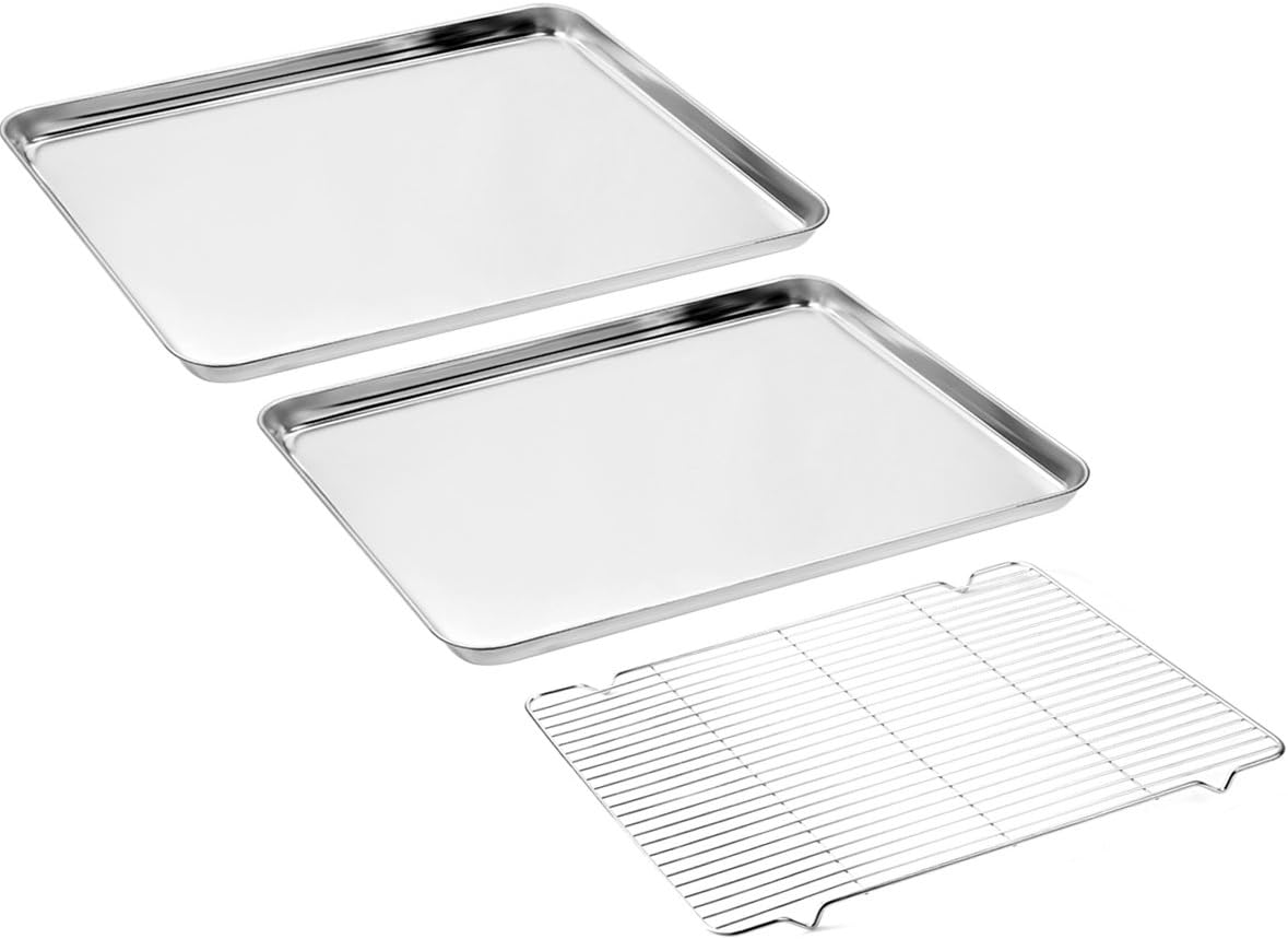 Baking Sheets 2 Pieces with A Rack, HKJ Chef Cookie Sheets and Nonstick Cooling Rack & Stainless Steel Baking Pans & Toaster Oven Tray Pan, Rectangle Size 12.5 x 10 x 1 inch & Non Toxic