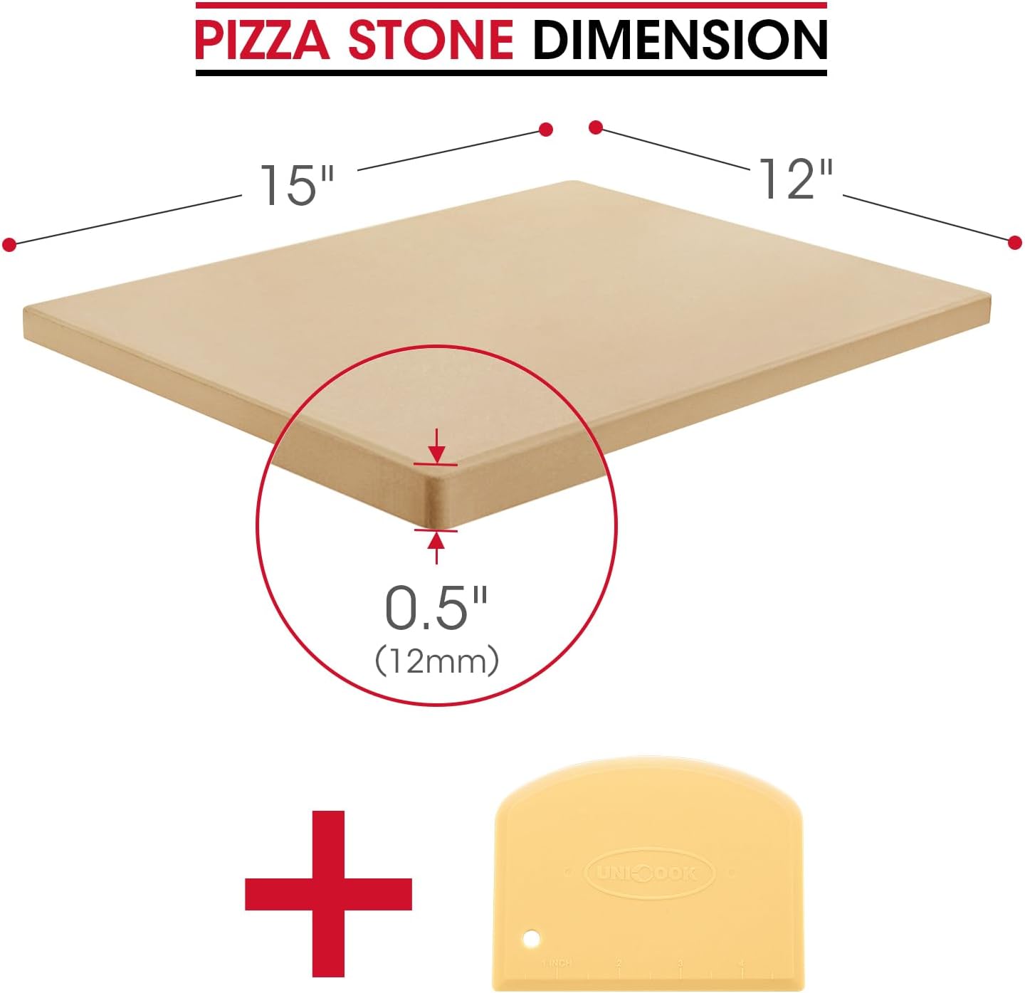 Unicook Pizza Stone for Oven and Grill, Rectangular Baking Pan 15 Inch x 12 Inch, Cordierite Large Cooking Oven Stone with Plastic Dough Scraper, Thermal Shock Resistant Pizza Pan