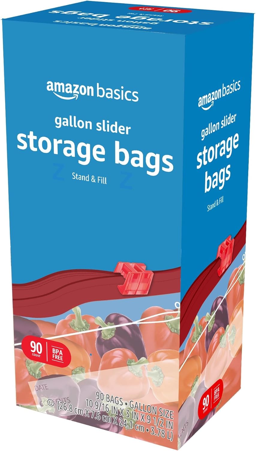 Amazon Basics Slider Gallon Food Storage Bags, Stand & Fill, 90 Count (Pack of 2)