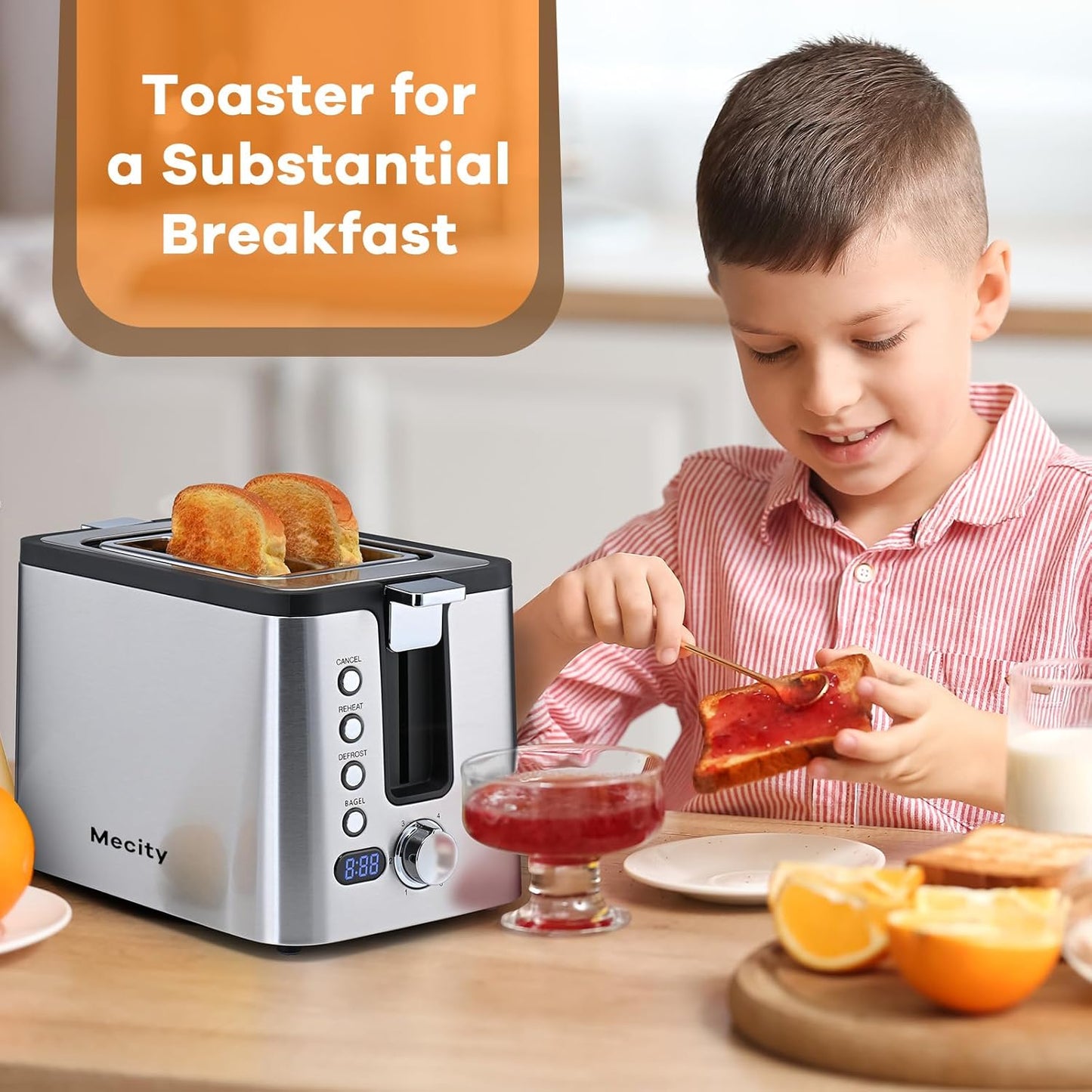 Mecity Toaster 2 Slice Stainless Steel with Countdown Timer, Bagel / Defrost / Reheat / Cancel Functions,Warming Rack, Removable Crumb Tray, 6 Browning Settings, Extra Wide Long Slots, Bread Toaster, 800 Watts