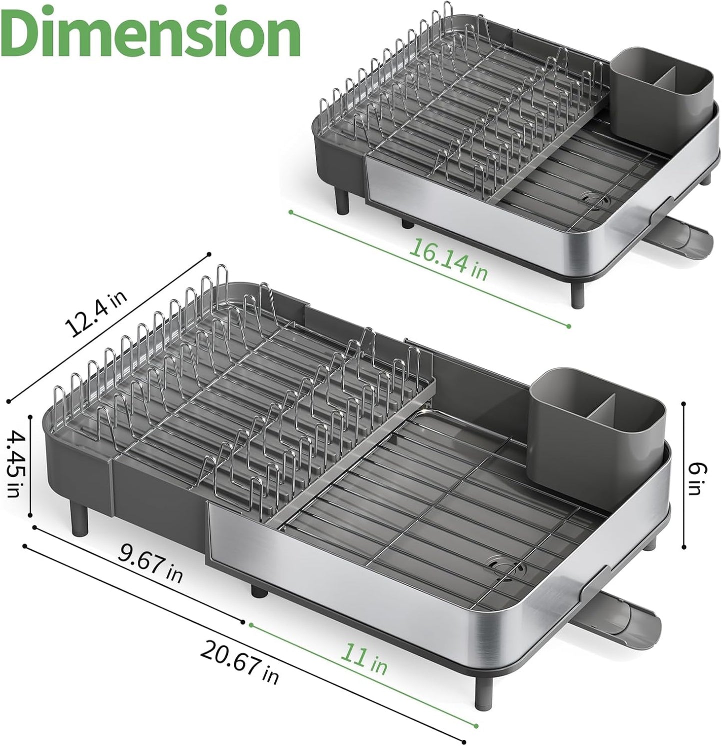 Dish Drying Rack for Kitchen Counter, 304 Stainless Steel Dish Rack, Expandable Dish Drainer, Foldable Dish Strainer, Extendable Dish Drainer Rack with Cutlery Holder, Kitchen Plate Rack