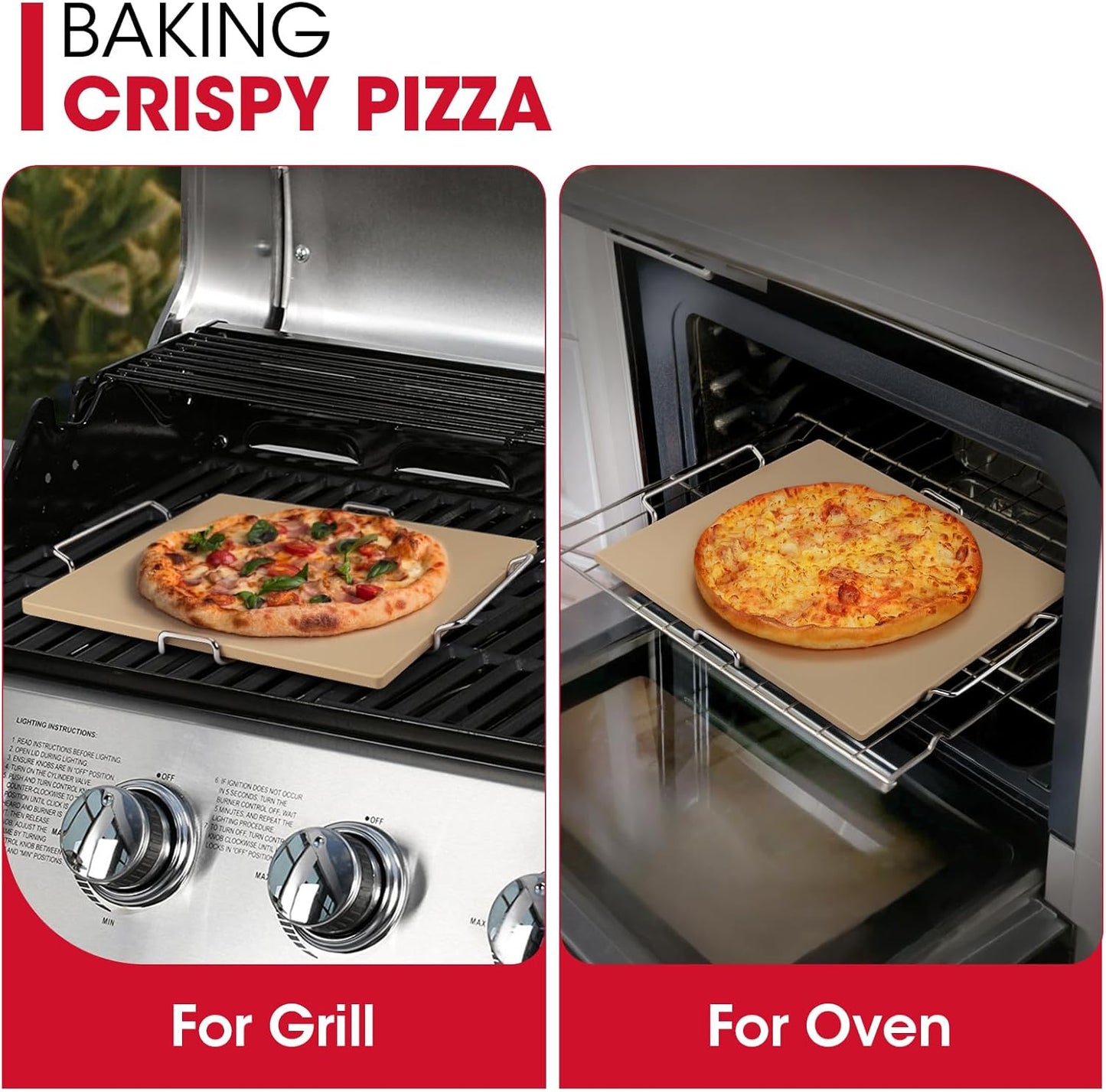 Unicook Pizza Stone for Oven and Grill, 16 x 14 Inch Rectangular Baking Stone for Bread, Cordierite Pizza Pan for Baking Crispy Bread and Cookies, Includes Carry Rack and Dough Scraper