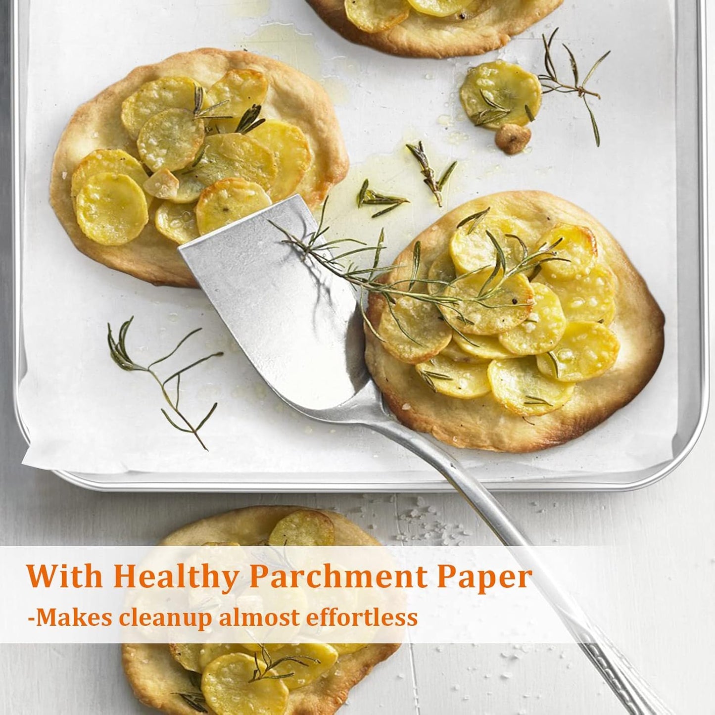 Small Baking Sheet Set of 2, E-far 10.5”x8.3” Stainless Steel Cookies Sheet Pan for Toaster Oven with 50 Parchment Paper, Rectangle Baking Tray for Cooking, Rust Free & Heavy Duty, Dishwasher Safe