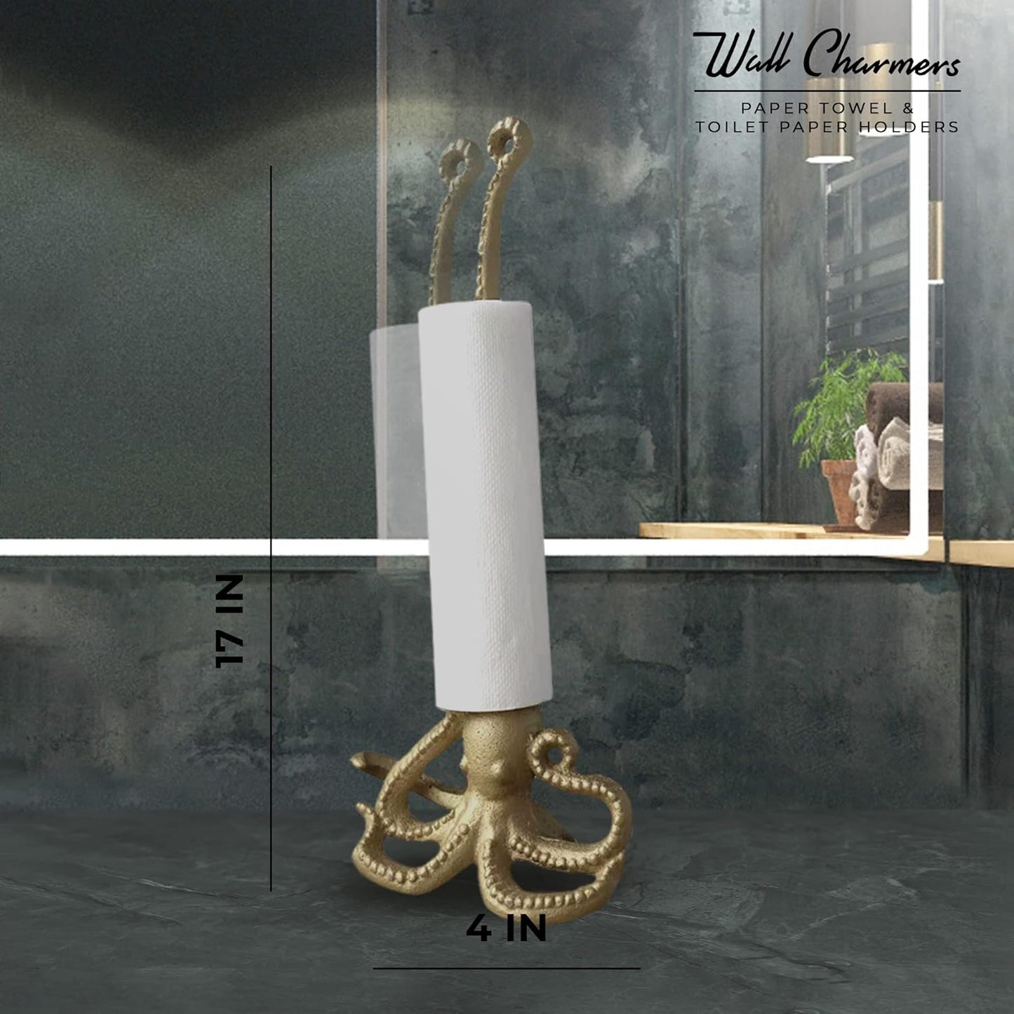 WallCharmers Gold Paper Towel Holder, Metal Toilet or Kitchen Paper Holder for Floor or Countertop, Gold Octopus