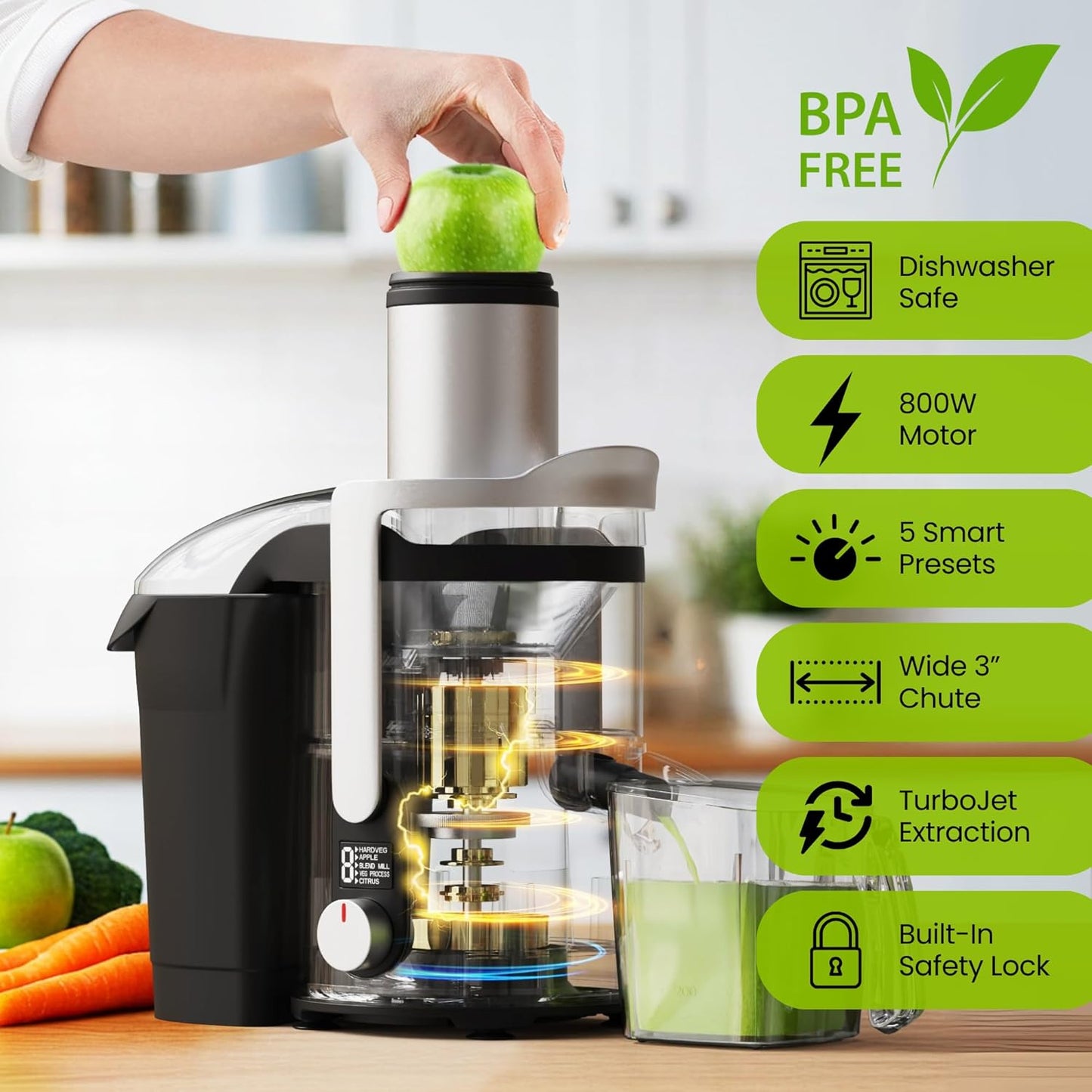 Eurolux 800W Premium Centrifugal Juicer for Whole Fruits and Vegetables – TurboJet Extraction System – 5-Speed Dial with Digital Display – Wide 3” Feed Chute – Easy to Clean – BPA-Free- Stainles Steel