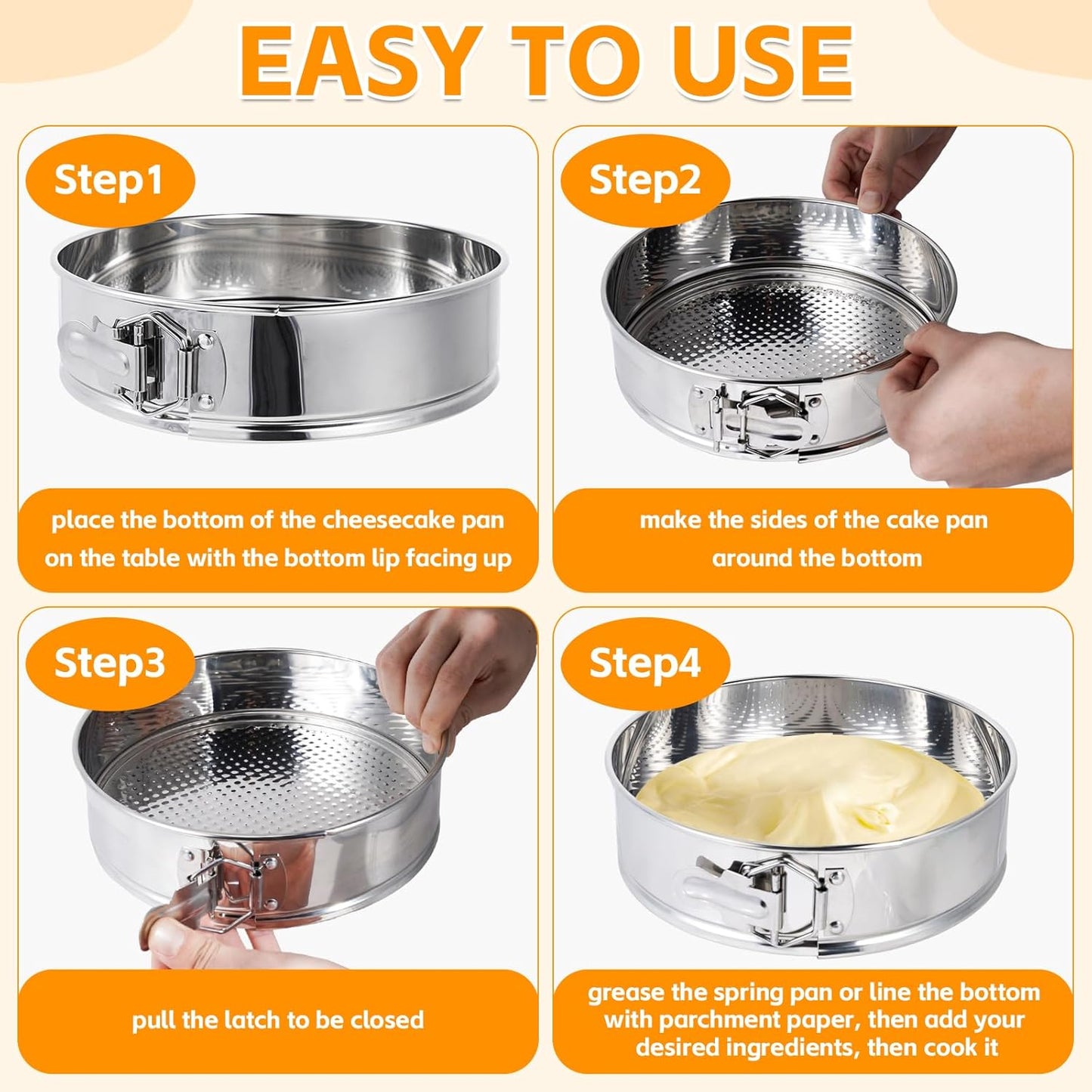 Aufind Springform Pan Set for Baking (4,7,9,10inches), 304 Stainless Steel Springform Cake Pan with Removable Bottom, Cheesecake Pan with 50PCS Parchment Paper for Pie Cake Pizza and Quiches