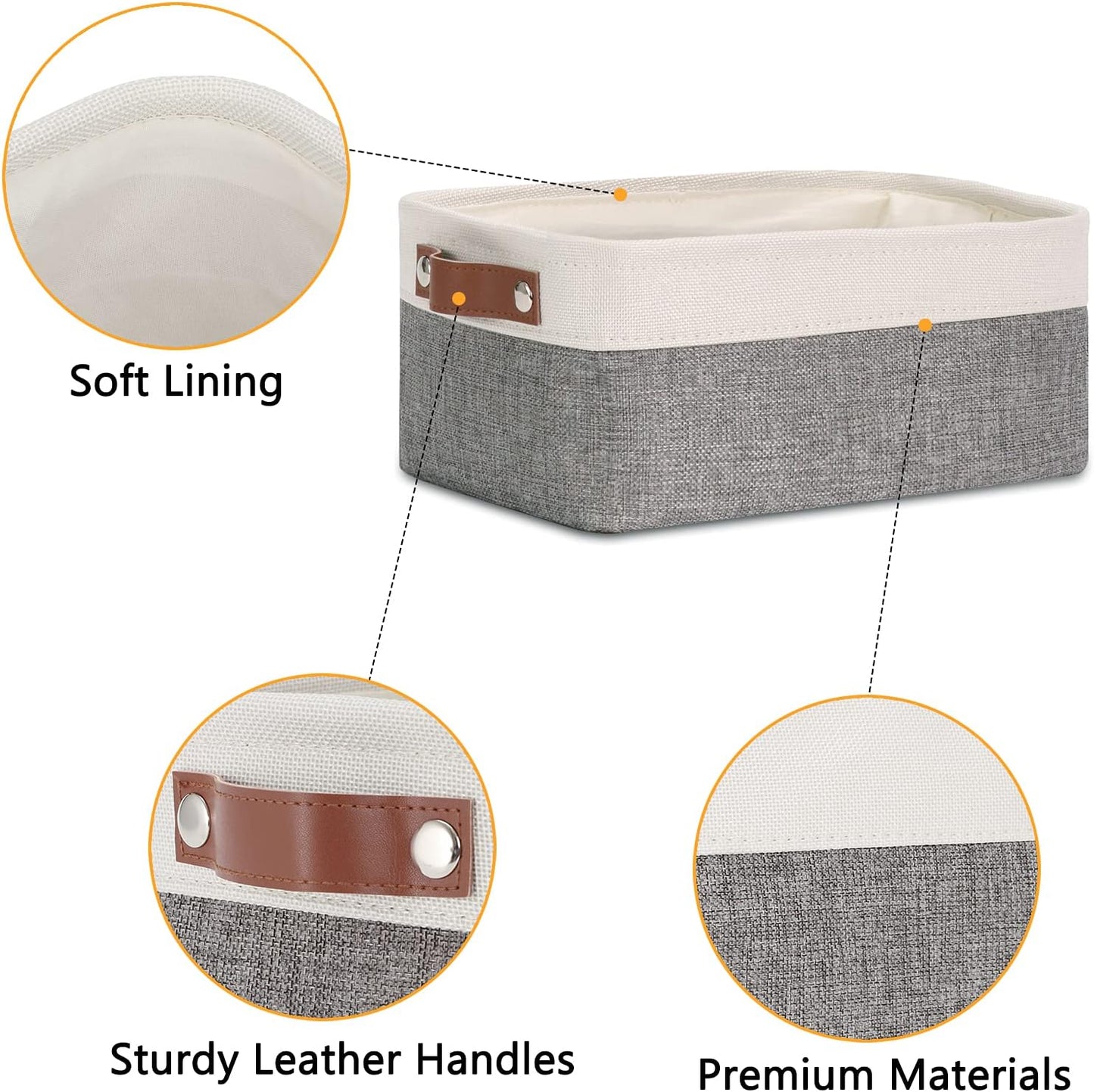 DULLEMELO Small Storage Baskets 6 Pack, Fabric Collapsible Gift Storage Baskets for Shelves, Closets, Nursery, Home, Office Organizing,Small Canvas Linen Rectangular Storage Bins (6-Pack, White&Grey)