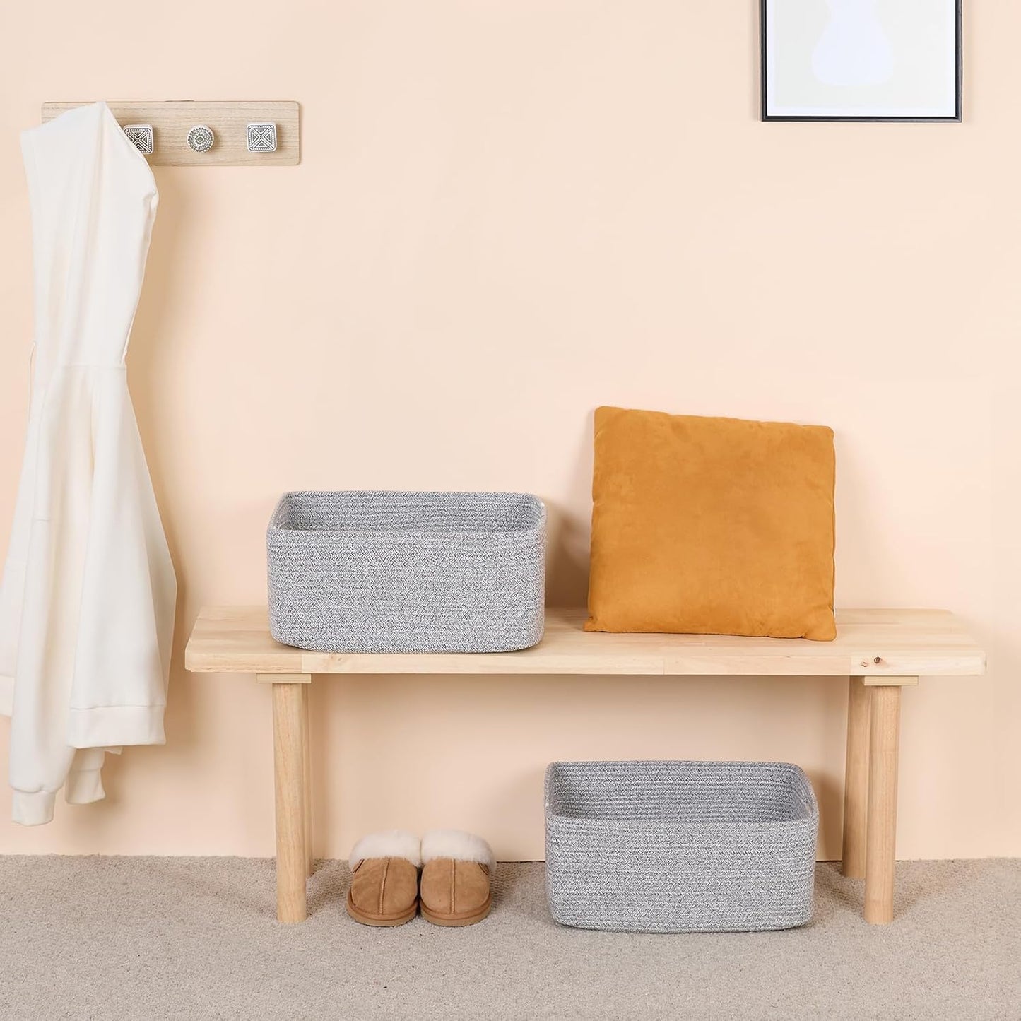 Large Storage Baskets for Shelves, Closet Organizers Bins for Clothes Blanket Towels, Baby Nursery, Toy Baskets Box, Woven Rope Baskets, 17 x 13 x 7.5”, 3 Packs Mixed Grey