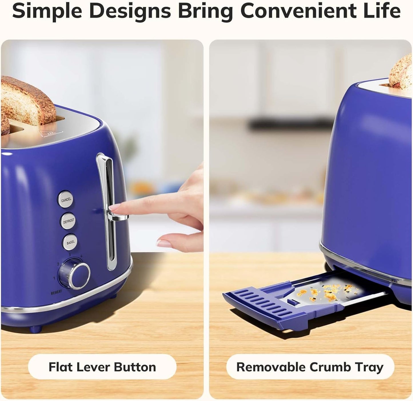 Keenstone Retro 2-Slice Stainless Steel Toaster - Bagel, Cancel, Defrost Functions, Extra Wide Slots, High Lift Lever, 6 Shade Settings, Removable Crumb Tray, Dark Blue
