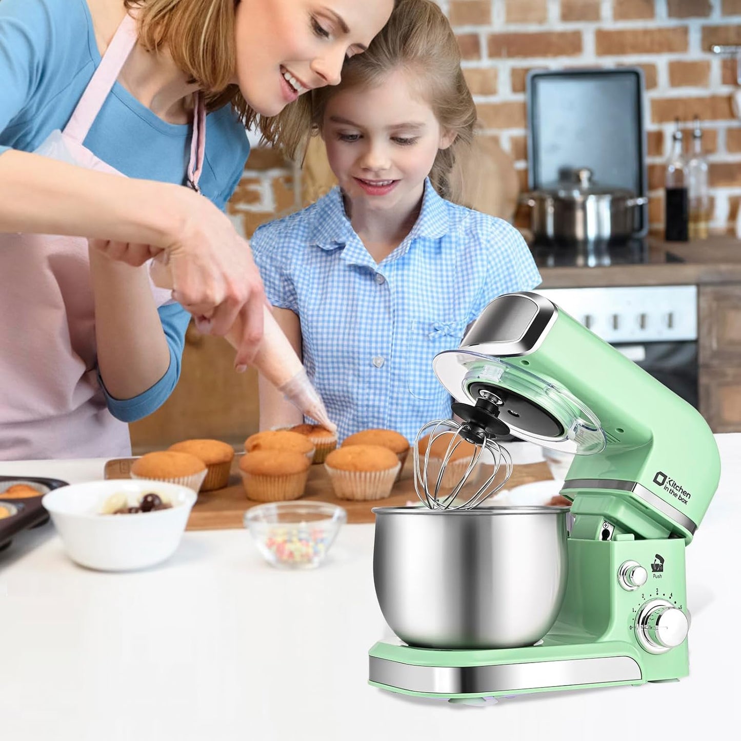 Kitchen in the box Stand Mixer,3.2Qt Mini Electric Food Mixer,6 Speeds Portable Lightweight Kitchen Mixer for Daily Use with Egg Whisk,Dough Hook,Flat Beater (Green)