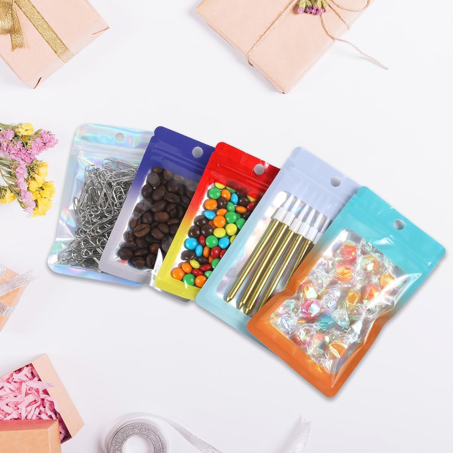 200 Pack Resealable Mylar Holographic Bags Food Storage Smell Proof Bags with Front Window Foil Packaging Pouch for Candy Sample Jewelry Small Business 4.13×5.91 Inch, Blue