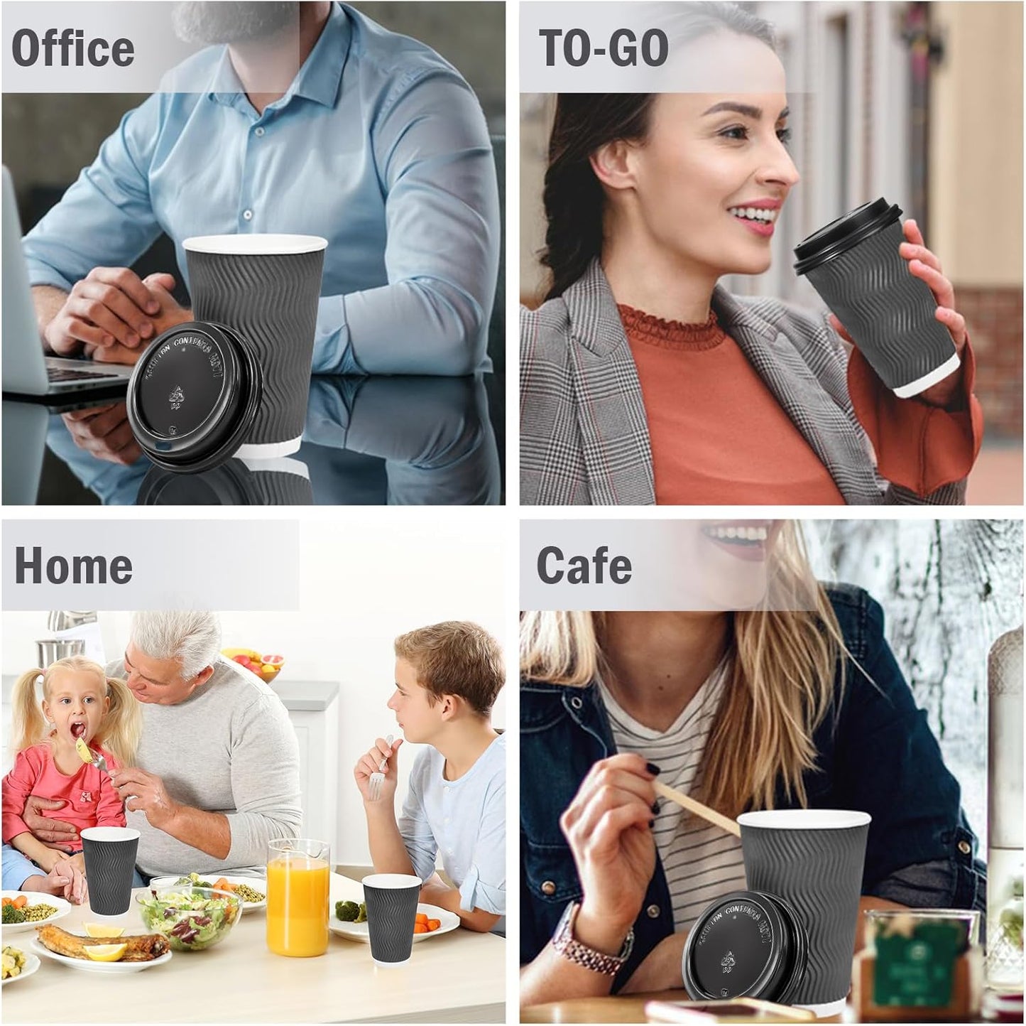 Lamosi 500 Pack - 16 oz Insulated Disposable Coffee Cups with Lids, To Go Paper Coffee Cups with Lids, Corrugated Ripple Wall Cup for Hot Drink Office Coffee Bar (Grey)