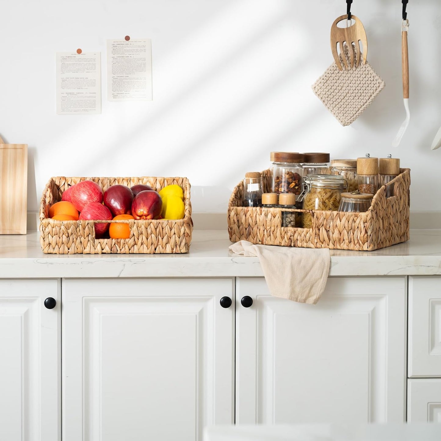 StorageWorks Pantry Baskets for Organizing, Water Hyacinth Baskets for shelves with Built-in Handles, Pantry Organizers and Storage, Set of 2 (Large and Medium)