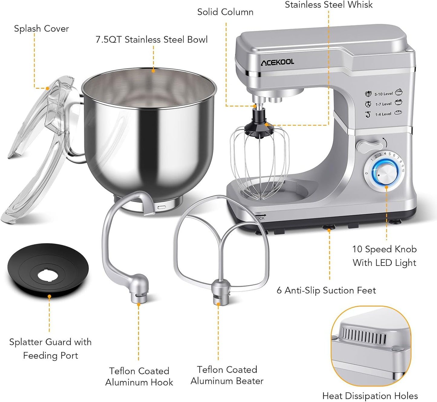 Garvee 7.5QT Stand Food Mixer, 10-Speed Tilt Head 3-IN-1 Kitchen Electric Mixer with Stainless Steel Bowl, Egg Whisk, Dough Hook, Beater, Splash Guard, Compact Dough Mixer for Home Cooks, Silver