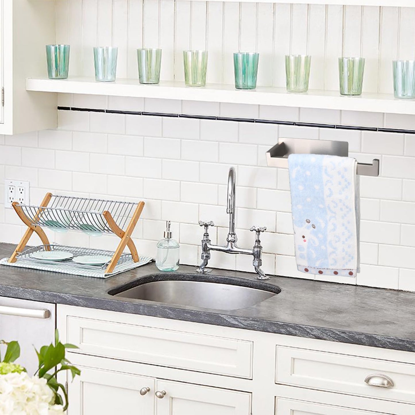 Hand Towel Holder, Strong Self Adhesive Hand Towel Ring, Thicken SUS304 Stainless Steel Hand Towel Bar/Rack, No Drilling Modern Hand Towel Hanger (Brushed Nickel, 2 Pack 9 in)