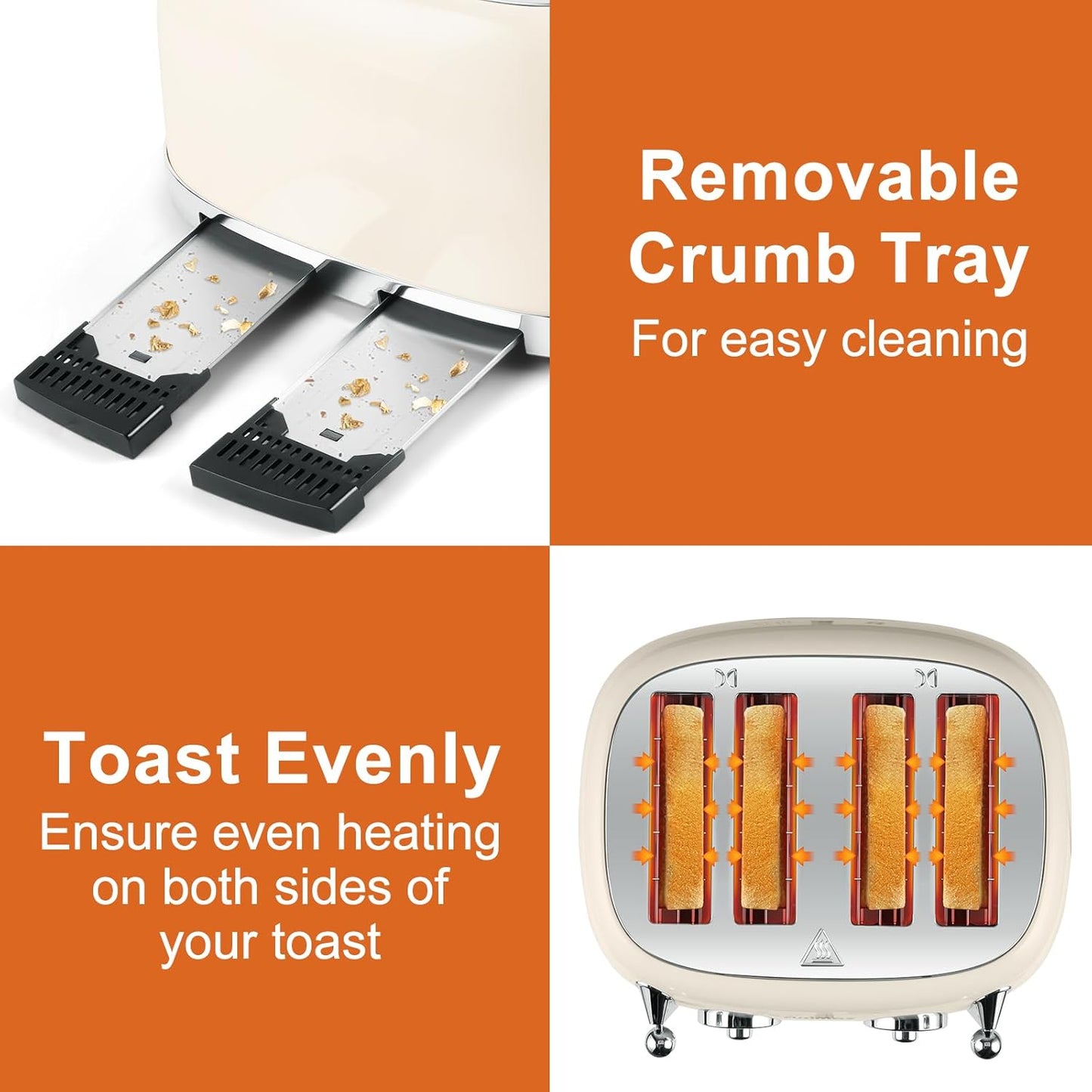 CUSIMAX Retro 4 Slice Toaster With Wide Slots for Bagels, Stainless Steel, 6 Toast Settings, Bagel, Cancel, Defrost & Reheat Functions, Dual Independent Control Panels, Cream