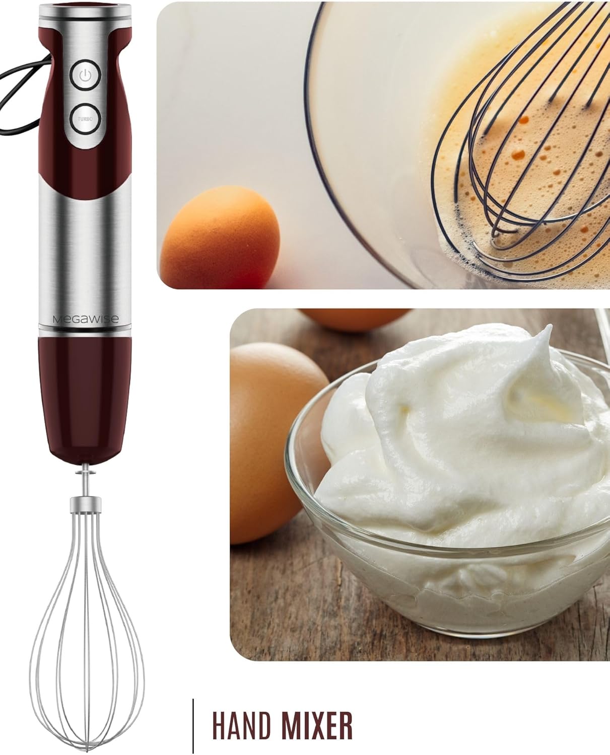 3- in-1 Immersion Hand blender, Powerful MOTOR & Stainless Steel Stick Blender, 4 Sharpe Blades with Whisk, Milk Frother Attachments