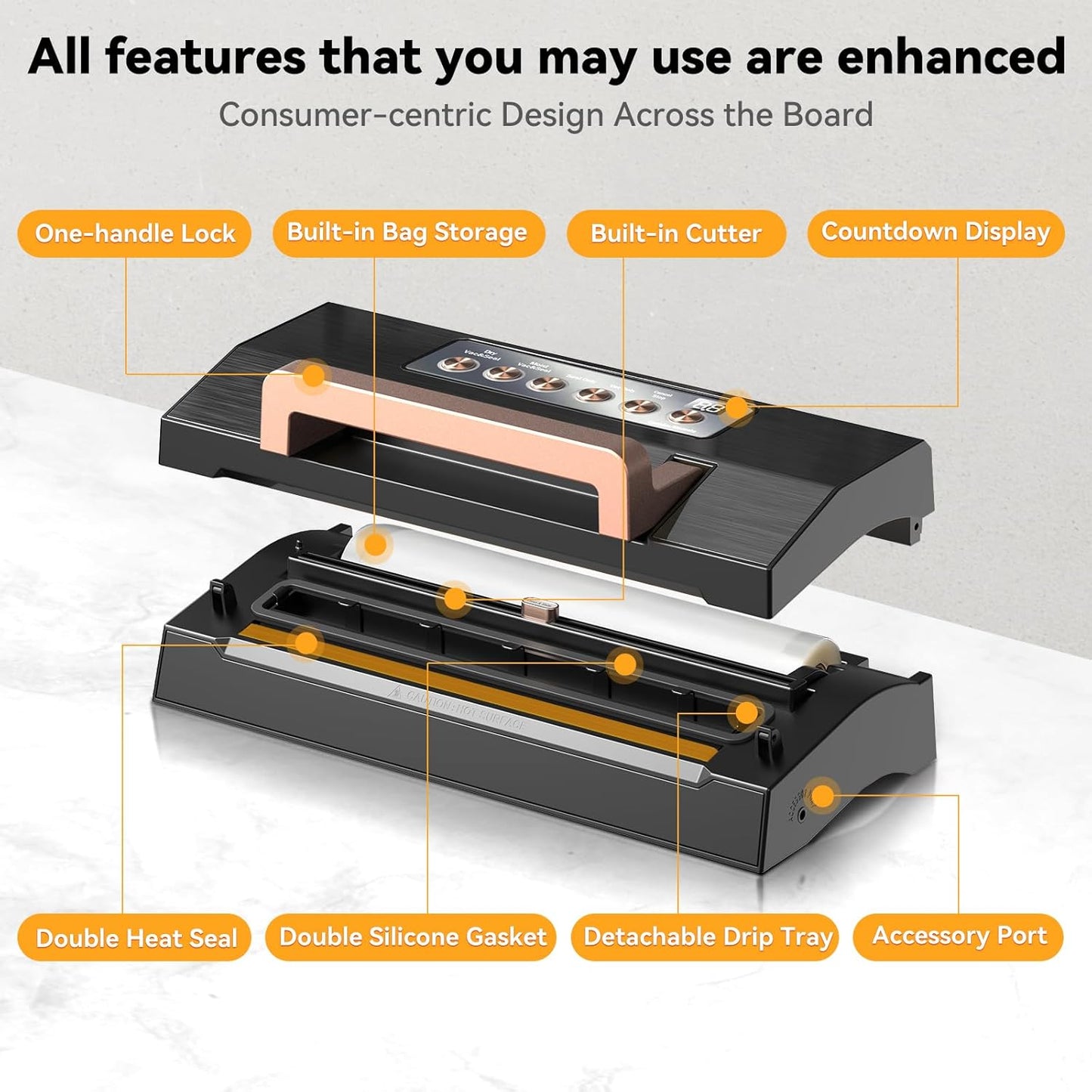 2025 Black Stainless Steel Food Vacuum Sealer, VACAPEX Deluxe Vacuum Sealer Machine with 11" Double Heat Seal and Automatic One-Touch System, Bags Storage & Cutter, Easy-Lock Handle with 2 Bag Rolls