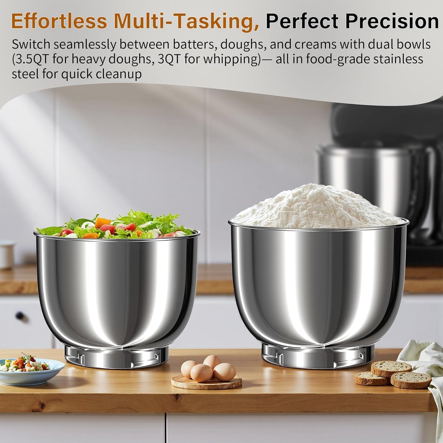 Stand Mixer with 3QT+3.5QT Dual Bowls, 10-Speed Electric 300W Food Mixer - Includes Egg Whisk, Dough Hook & Flat Beater for Home Baking & Daily Cooking (Black)