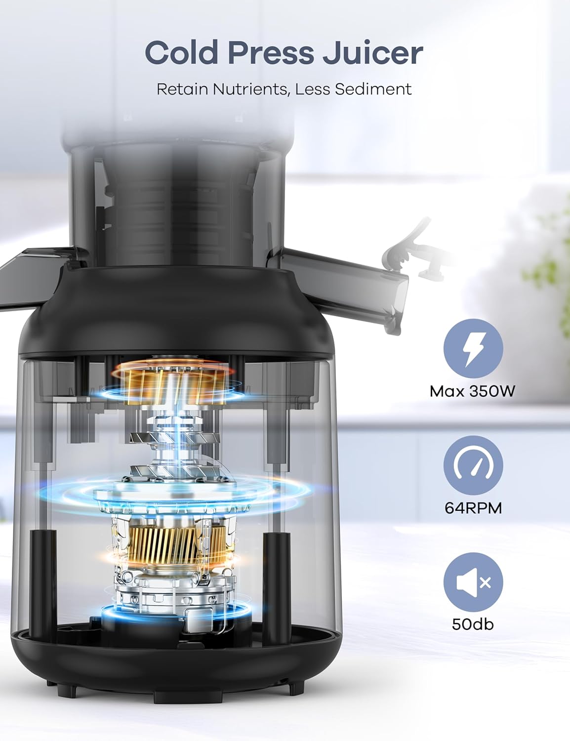 Ganiza Juicer Machines, Cold Press Juicer with 4.3" Large Feed Chute for Whole Fruits & Vegetables, Slow Masticating juicers with 3 Replace Filters for Batch Juicing, Easy to Clean, BPA Free(Silver)