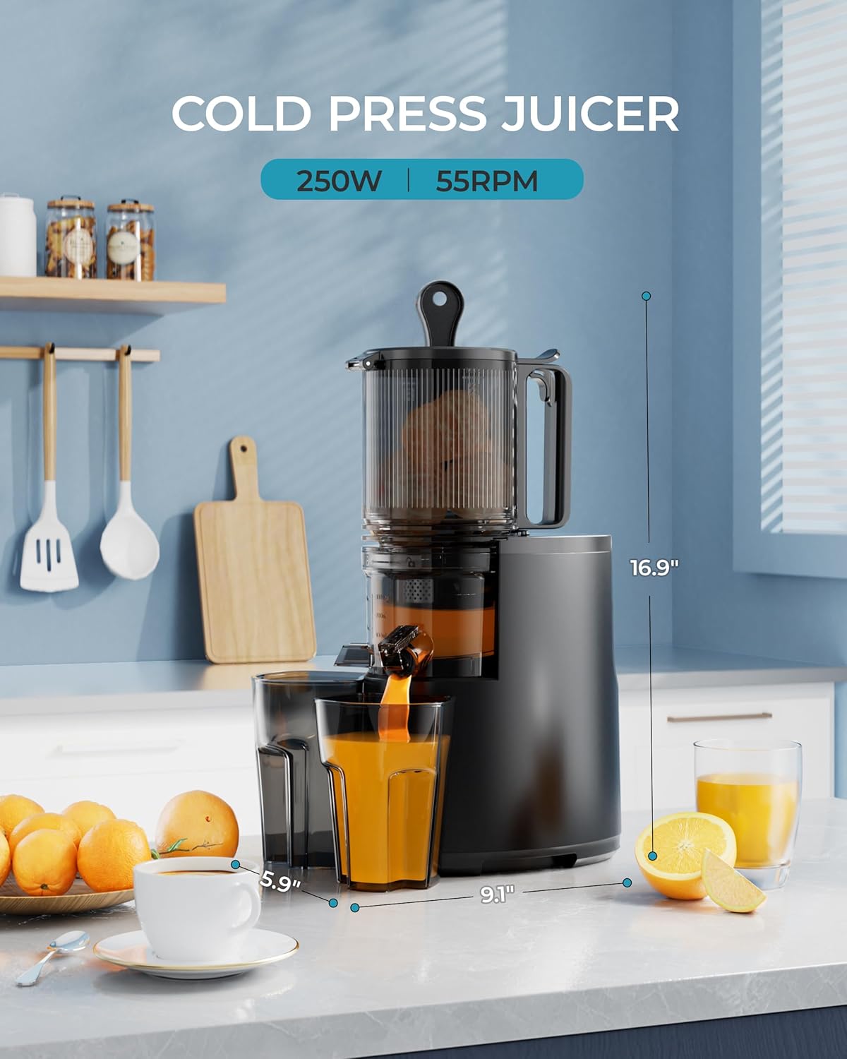 Cold Press Juicer, EUHOMY 5.5" Extra Large Feed Chute Slow Masticating Juicer, 250W Juicer Machines, 99.6% High Juice Yield, Easy to clean, Reverse Function, for Whole Vegetables & Fruits. Black