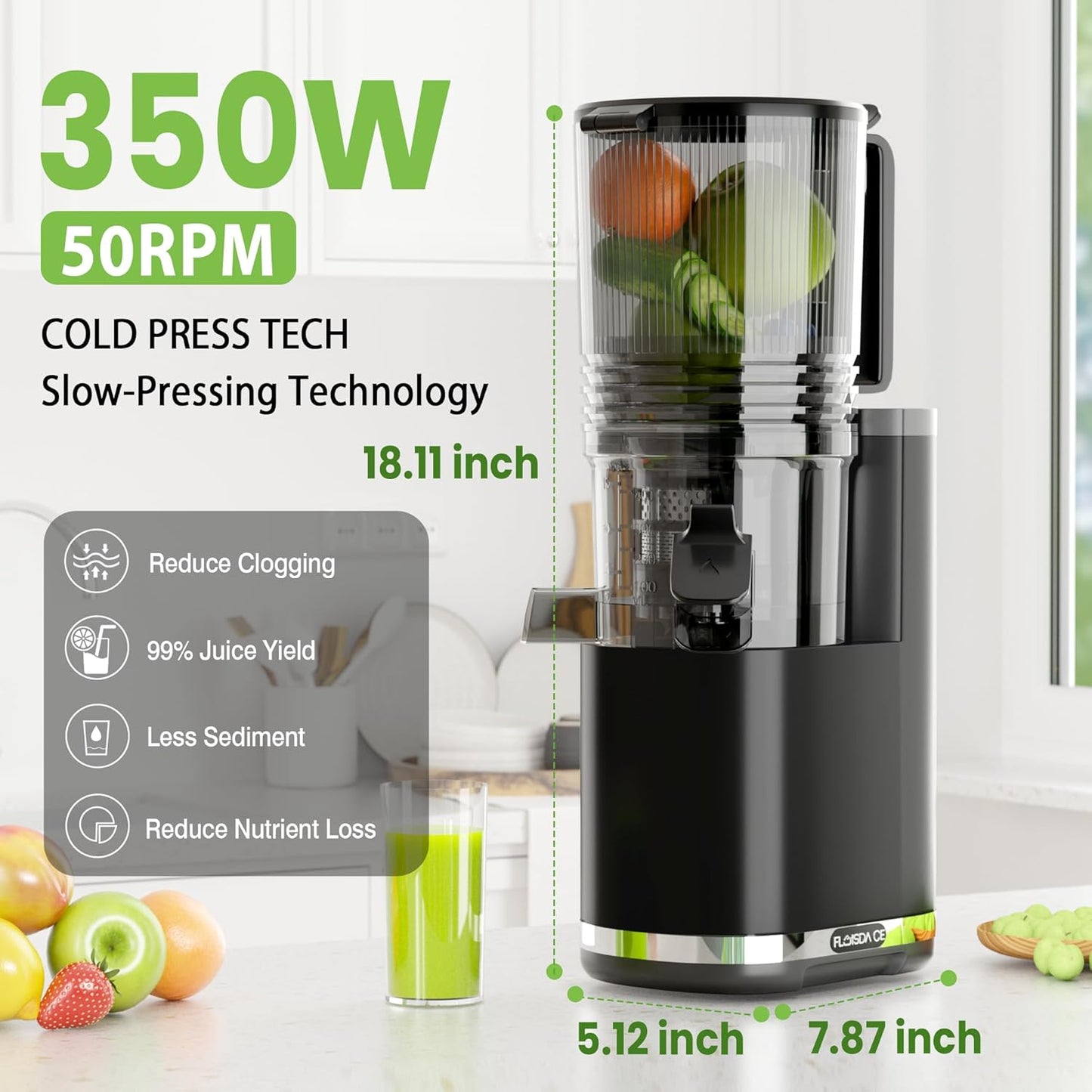 Cold Press Juicer, Masticating Slow Juicers, 6.5" Extra Large Feed Chute Juicers Machines, 350W Juicer Machines with High Juice Yield for Whole Vegetables & Fruits, BPA Free, Black, Easy to Clean