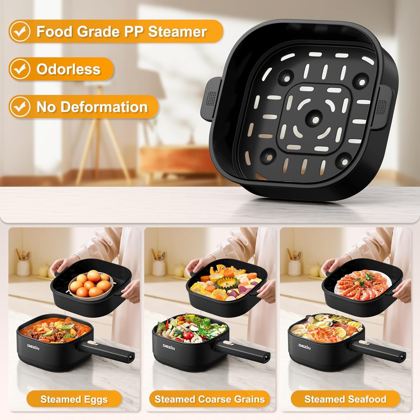 Dezin 2L Electric Hot Pot with Steamer, Rapid 800W Non-Stick Ceramic Coating Dorm Cooking Pot, Plug in Electric Pan Cooker with Adjustable Power for College Hotel Office(Silicone Spatula Included)