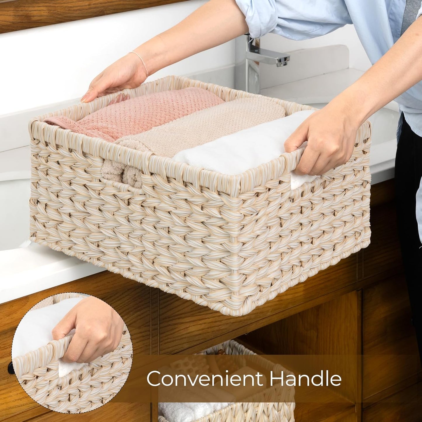 GRANNY SAYS Basket for Organizing, Wicker Storage Baskets for Shelves, Woven Baskets for Storage, Waterproof Shelf Baskets for Living Room, Rectangular Woven Basket with Handles, 1-Pack