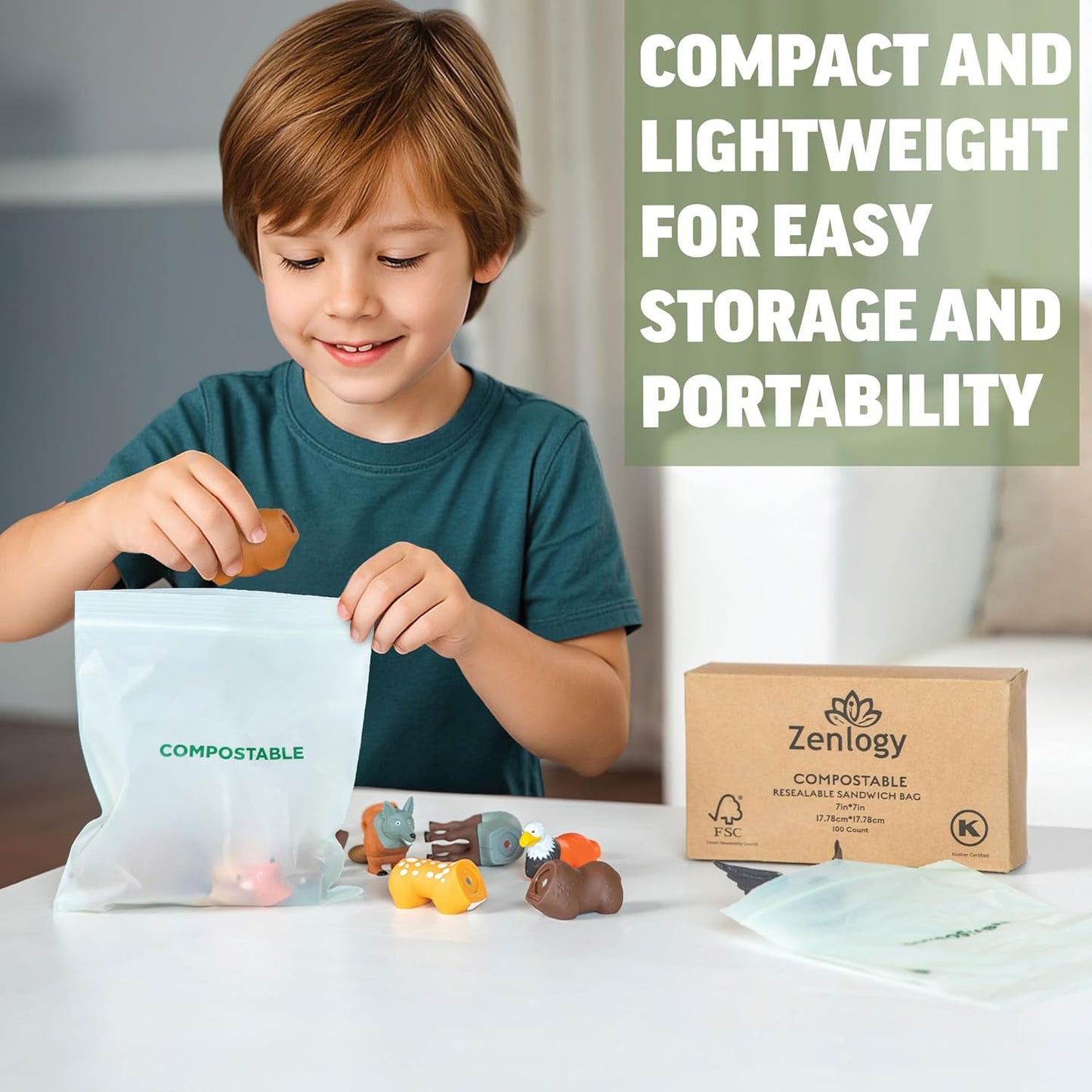 Zenlogy Home Compostable Resealable Sandwich Bags (7"x7"), Microwave & Freezer Safe, Organic Food Storage Container, 100 Count