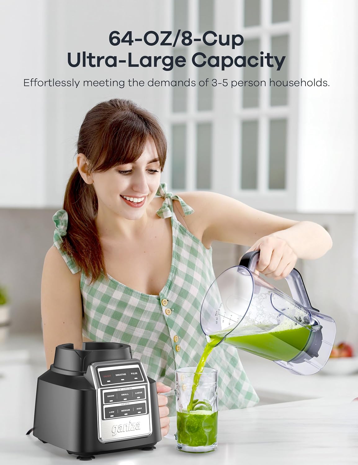 Ganiza Professional Smoothie Blender, Blenders for Smoothies with 1800 Peak Watts & 8 Auto Programs for Frozen Fruits & Ice, 64-oz Large Blender for Shakes and Smoothies, Nutritious Recipe