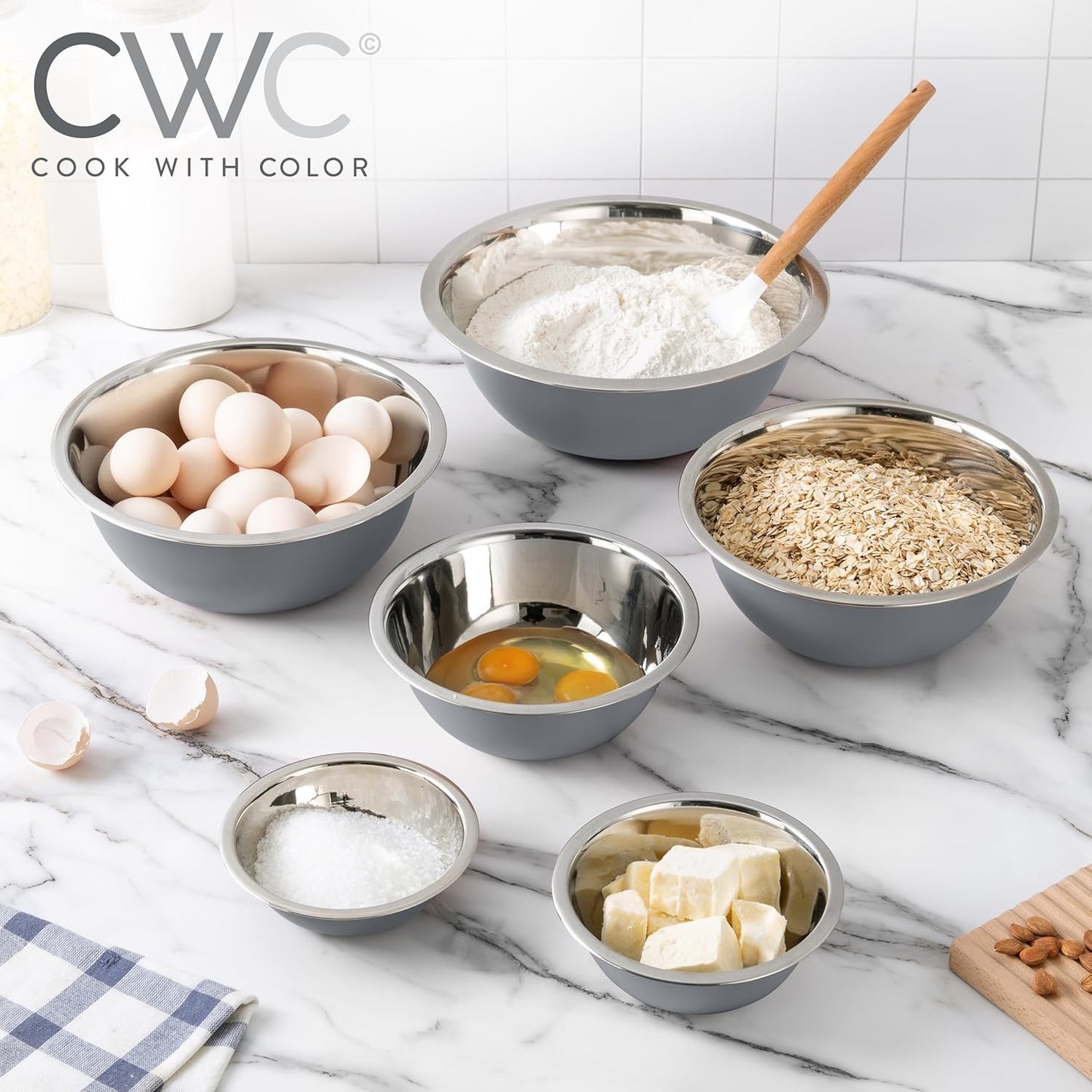 COOK WITH COLOR Stainless Steel Mixing Bowls Set - Nesting Bowls, 6 Pieces, Grey