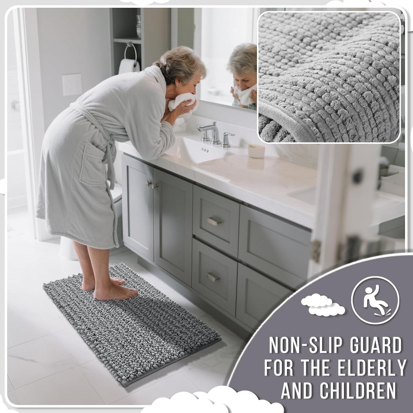 Yimobra Bathroom Runner Rug 60x24 Inch - Extra Long Non Slip Chenille Bath Mat, Soft & Absorbent, Machine Washable Shaggy Hallway Carpet for Vanity Tub Shower, Gray Home Decor Accessories