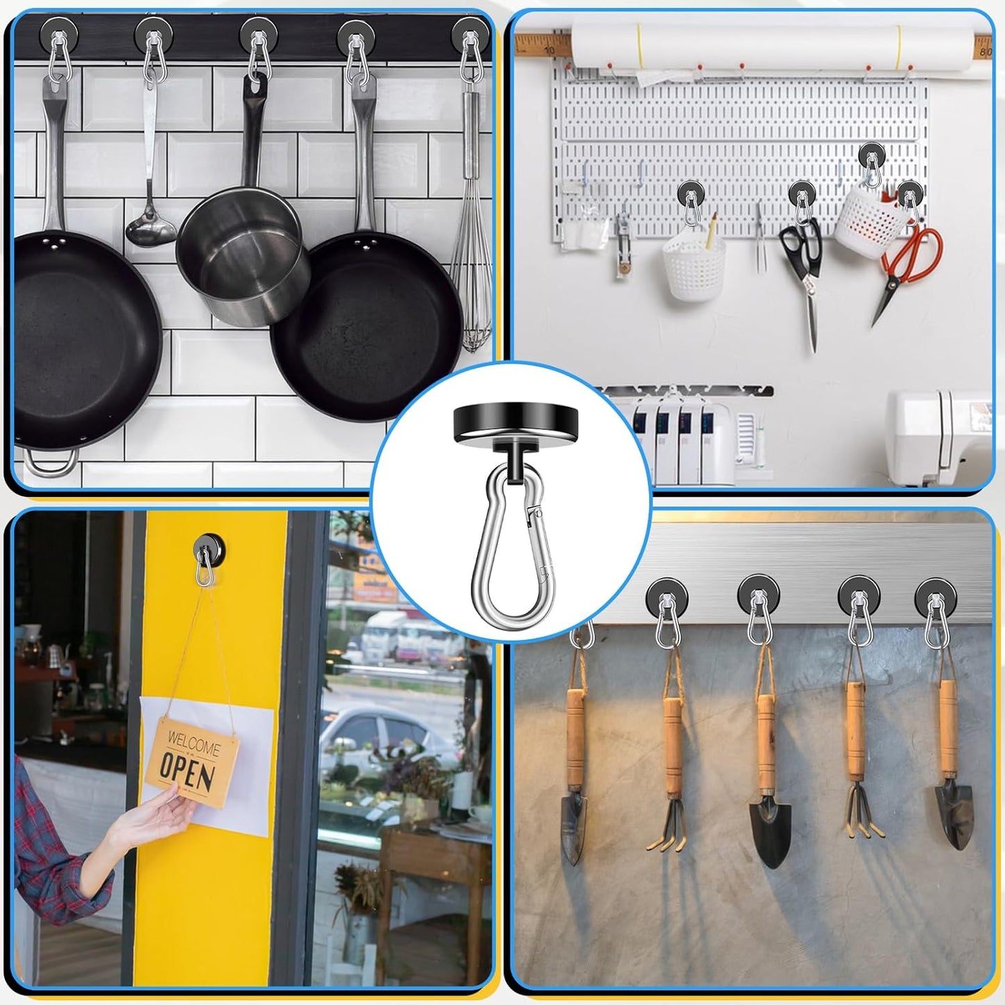 Magnetic Hooks, 70Lbs Heavy Duty Magnetic Hooks with Swivel Carabiner for Cruise Cabins, 6 Pack Extral Strong Neodymium Magnet Hooks for Hanging, Metal Magnetic Hanger for Toolbox, Grill, Fridge