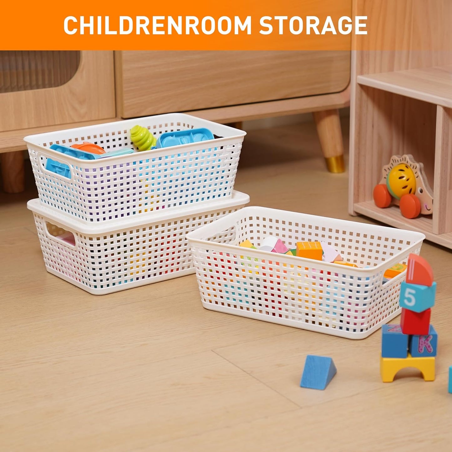 Plastic Storage Baskets With Lid, Storage Bins for Organizing, Stackable Decorative Containers for Shelves Drawers Desktop Closet Playroom Classroom Office, 6 Pack- White