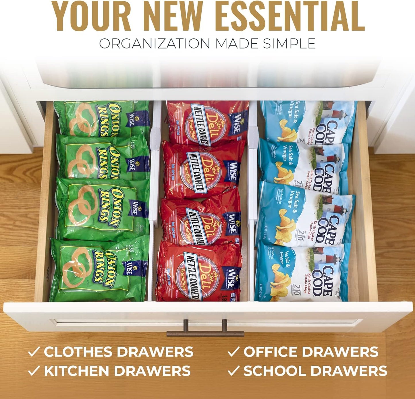 RAPTUROUS Adjustable Deep Drawer Divider – 6" Tall, Expandable 13-22", 8-Pack, Non-Slip Drawer Dividers for Clothes, Dresser, Kitchen & Office Organization (White)