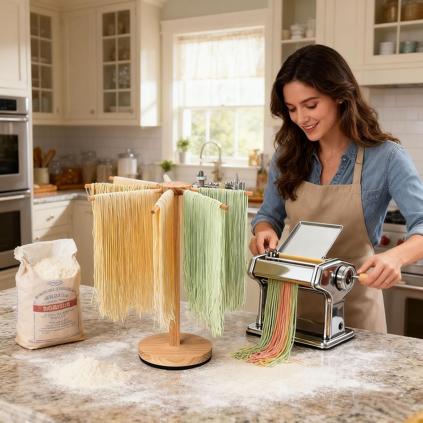 Pasta Drying Rack,Wooden Pasta Dryer Rotatable Collapsible Drying Rack with 9 Rods Quickly Assemble, Fresh Pasta Noodle Spaghetti Dryer Hanger Stand, Easy to Assemble and Store