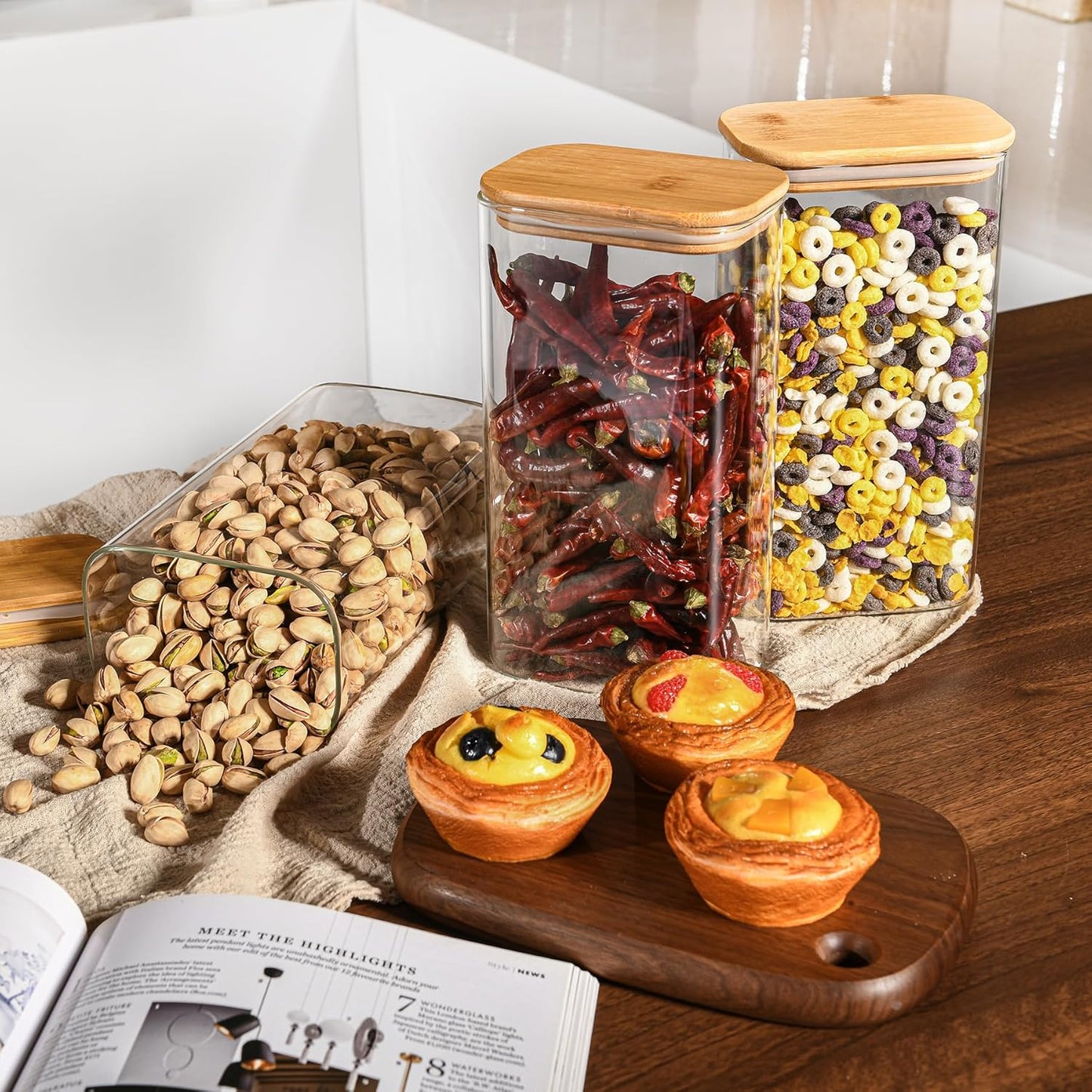 56oz Rectangle Airtight Glass Storage Containers with Bamboo Lids (Set of 3), Square Food Storage Jar, Pantry Organizers for Oats, Cereal, Pasta and Coffee beans (with Black Lable)