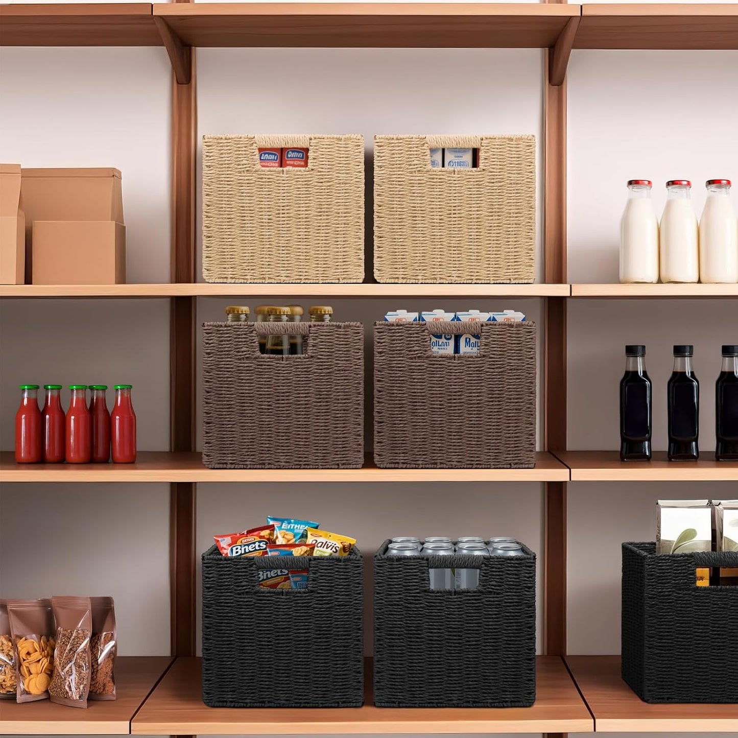 Wicker Storage Baskets for Organizing, 3 Pack Rustic Foldable Square Basket for Shelves, Handwoven Cubby Organizer Bins for Home Decor, Small Cube Storage Bin for Closet Organization (Natural 11 inch)