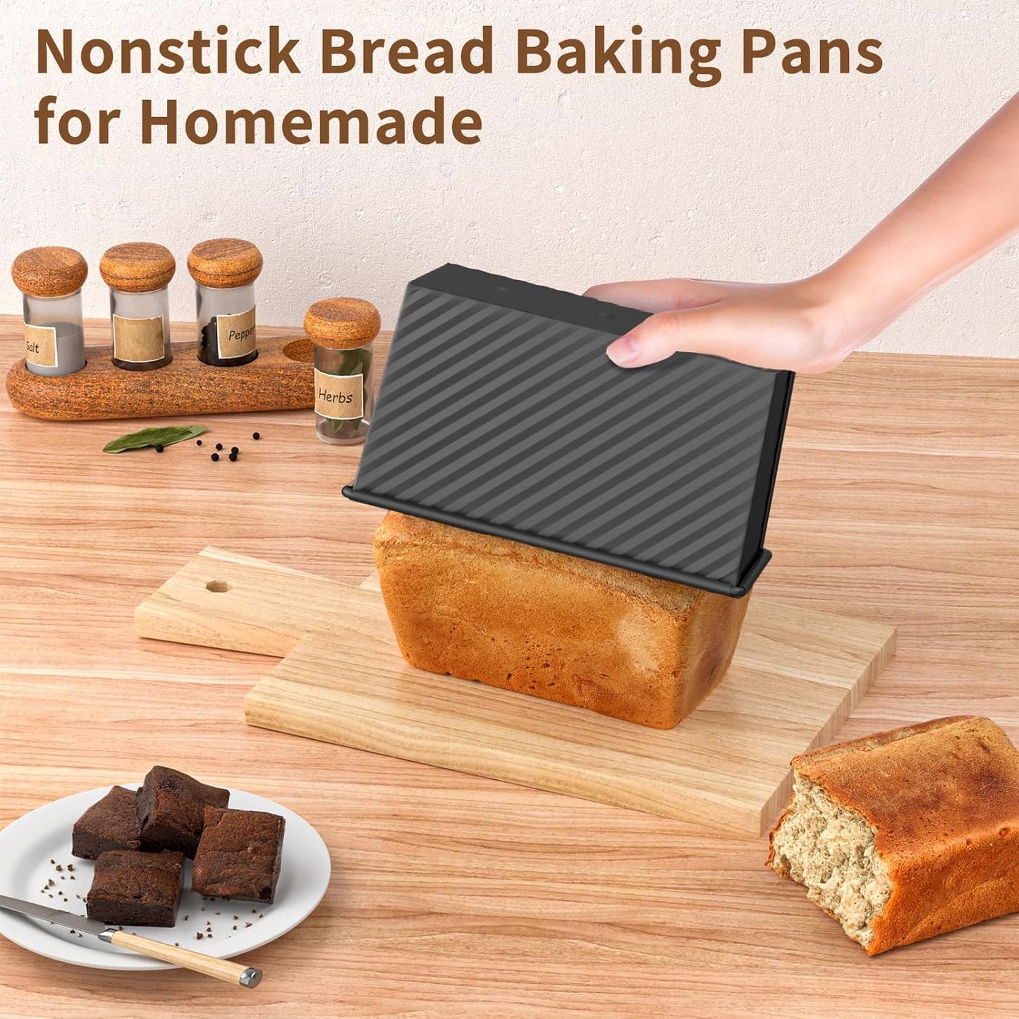 2 PCS Pullman Loaf Pan with Lid, 1.2Lb & 0.67 Lb Dough Capacity Non-Stick Bread Pans for Homemade Bread, Carbon Steel Bread Loaf Pans, Bakeware for Baking Sandwich and Toast, Black