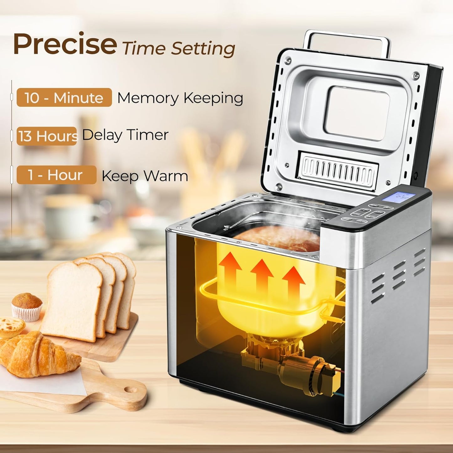 EUHOMY Bread Maker Machine 13-in-1 Bread Machine, Dough Maker, Auto Nut Dispenser & Ceramic Pan, 2LB and 3 Loaf Sizes & 3 Crust Colors, 650W Bread Machine with Keep Warm Set, Whole Wheat