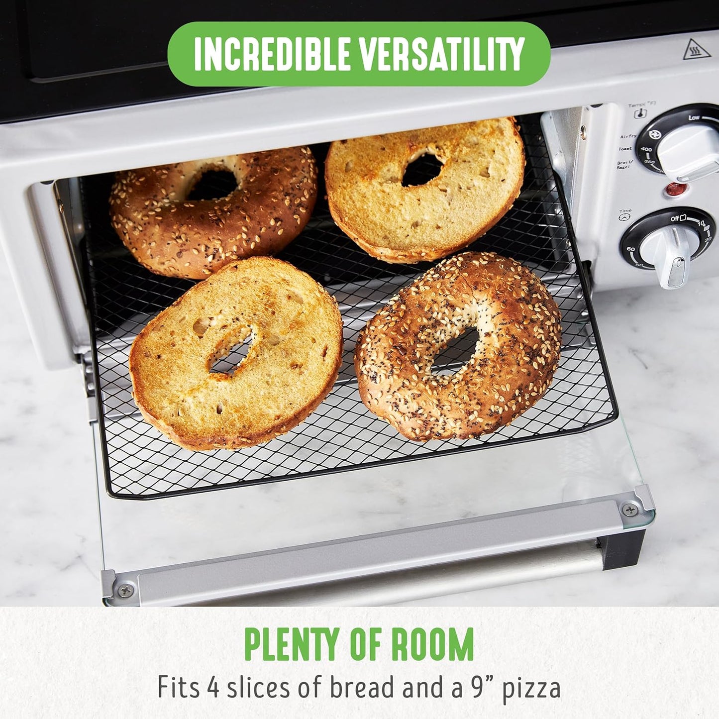 GreenLife Countertop Toaster Oven Air Fryer Stainless Steel, Healthy Ceramic Nonstick, PFAS and PFOA-Free, Tray & Basket, Bake, Broil, Reheat, Adjustable Temp & Time Control, Auto Shutoff, Black