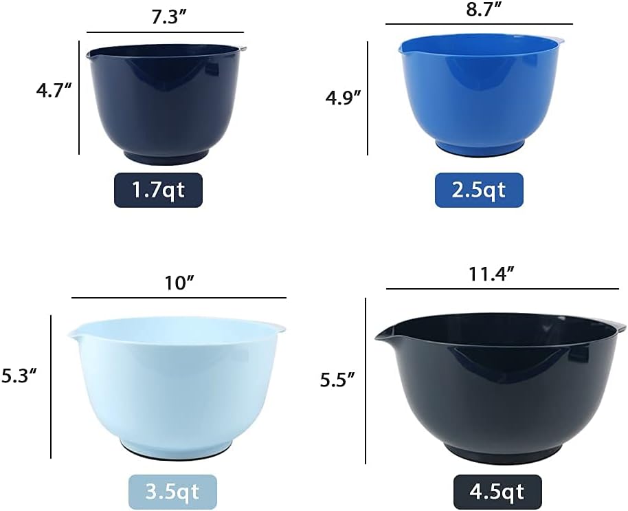 BoxedHome Nesting Plastic Mixing Bowl Set With Pour Spout, Microwave and Dishwasher Safe, BPA free Non-Slip Base, Set of 4 Size 1.7, 2.5, 3.5 and 4.5qt, Great for Prepping, Baking, Cooking (Dark Blue)