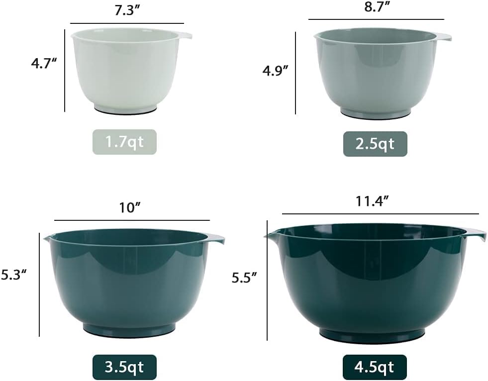 BoxedHome Green Ombre Nesting Plastic Mixing Bowl Set With Pour Spout, Microwave and Dishwasher Safe, BPA free Non-Slip Base, Set of 4 Size 1.7, 2.5, 3.5 and 4.5qt, Great for Prepping, Baking, Cooking