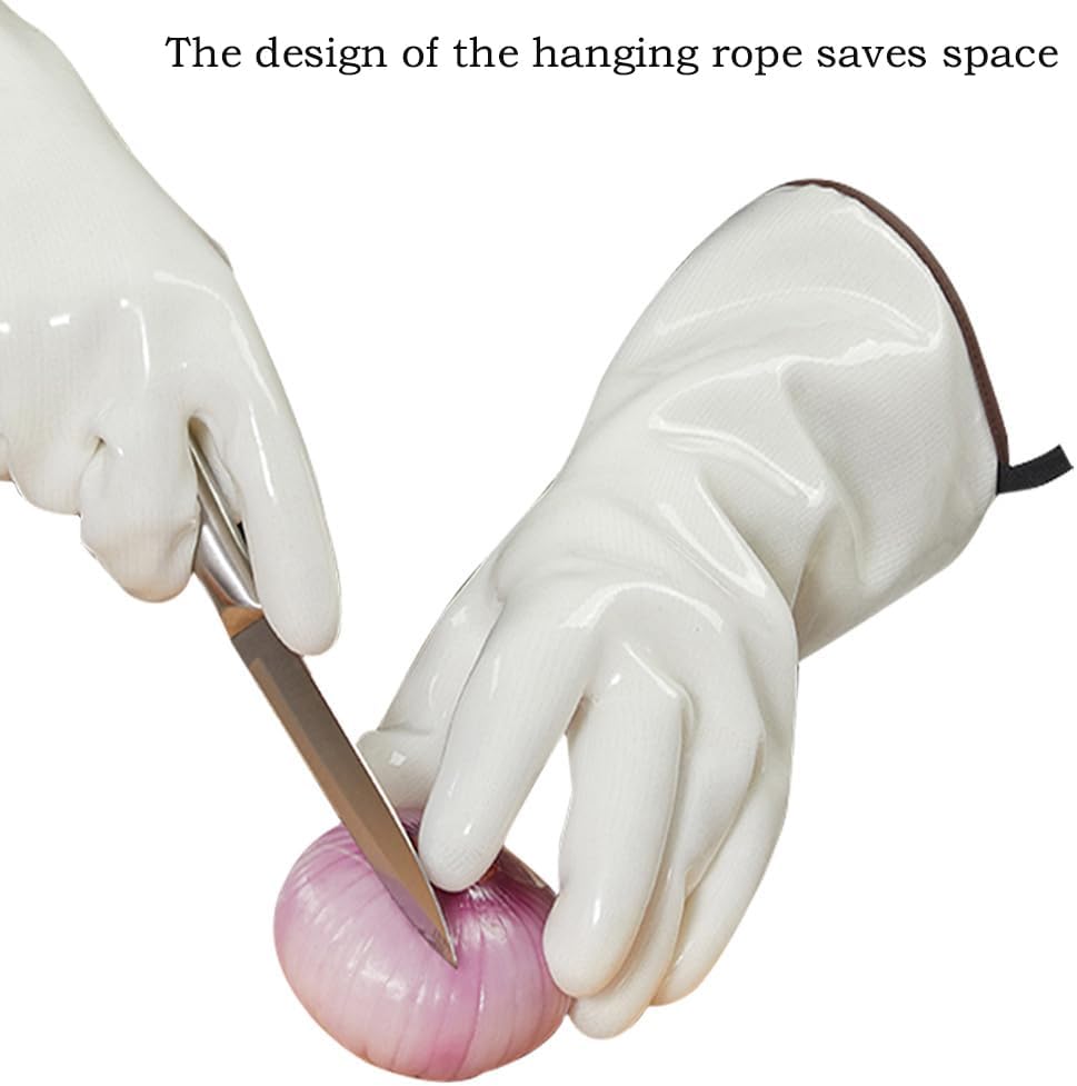 Silicone BBQ Gloves, Oven Gloves with Fingers 932°F Heat Resistant, Kitchen Waterproof Hot Proof Glove for Fryer, Smoker, Baking, Cooking (White, XXL)