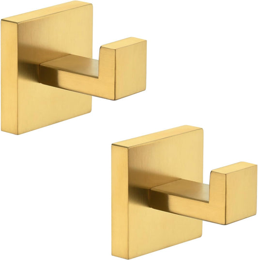 Angle Simple Towel Hook Brushed Gold 2 Pack, 304 Stainless Steel Square Robe Hook for Bathroom