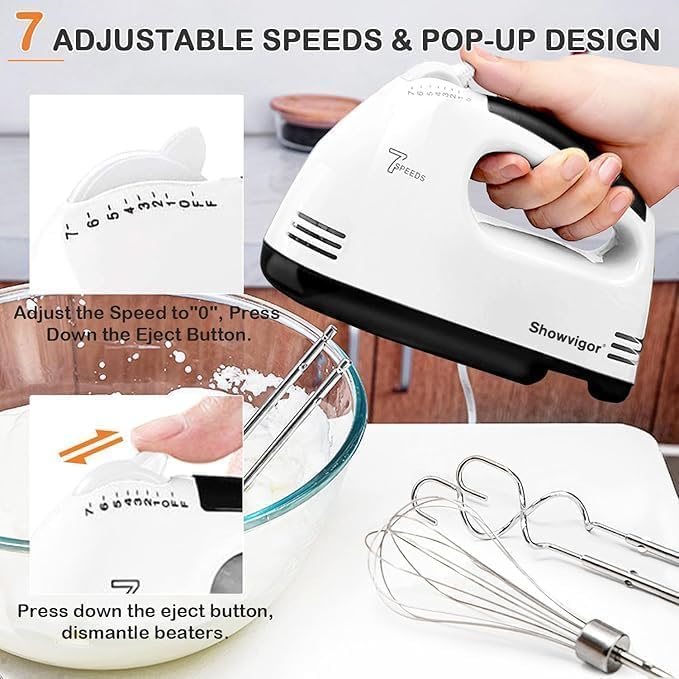 Hand Mixer, 7 Speed Electric Cake Whisk Food Mixer Self-Control/Turbo Boost with 5 Stainless Steel Accessory Food Beater for Cake Bread (size 3)